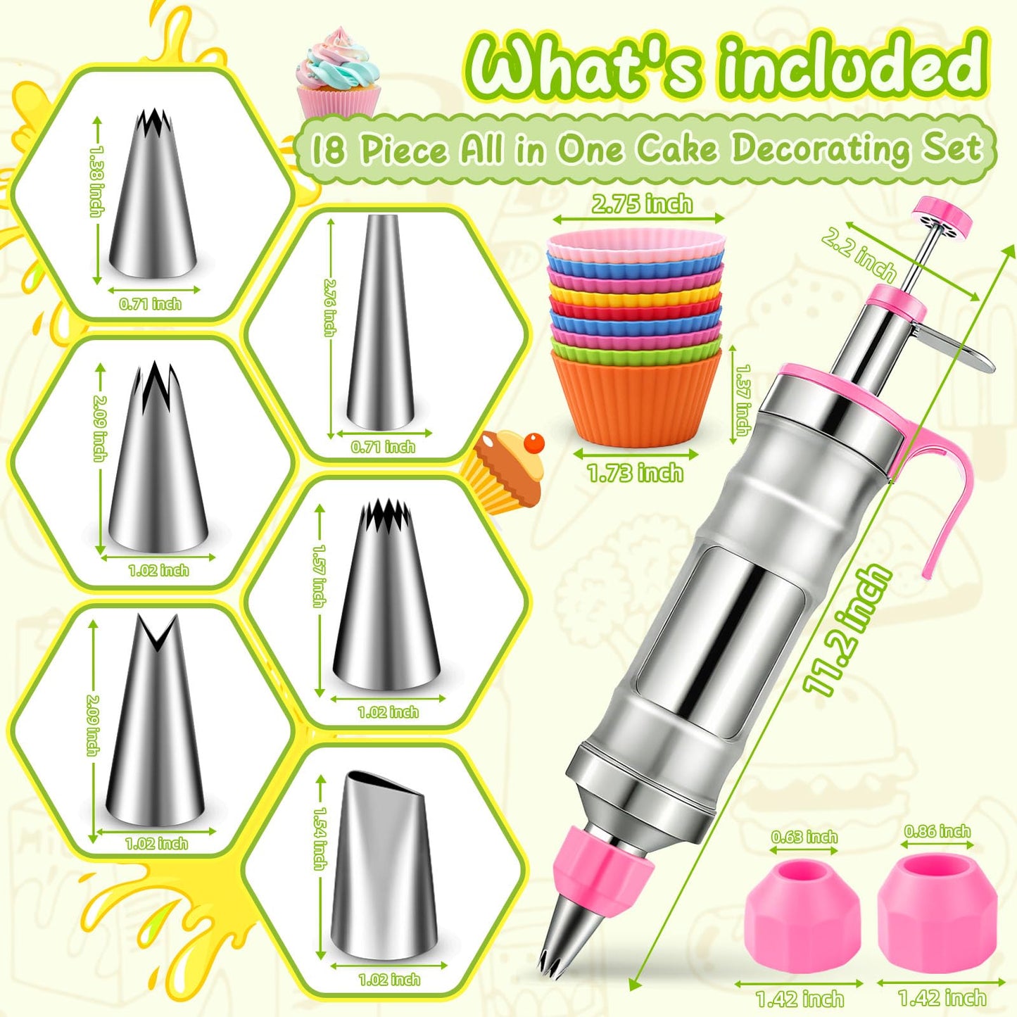 Hendiy Dessert Decorating Syringe Set, Stainless Steel Frosting Piping Kit Cake Decorating Kit with 6 Piping Tips & 9 Silicone Cupcakes, Cupcake Decorating Kit Piping Bags and Tips Set