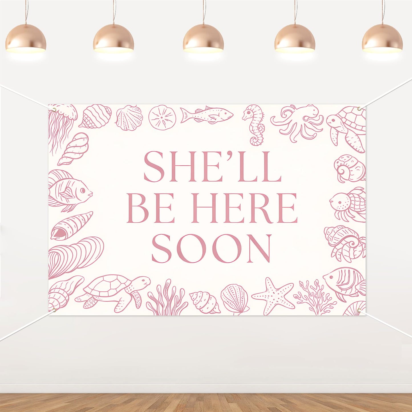 She'll Be Here Soon Backdrop Sea You Soon Baby Shower Decorations Banner Pink Seashell Seahorse Starfish Ocean Animals Photography Background for Girls Under The Sea Baby Shower Supplies 5x3ft