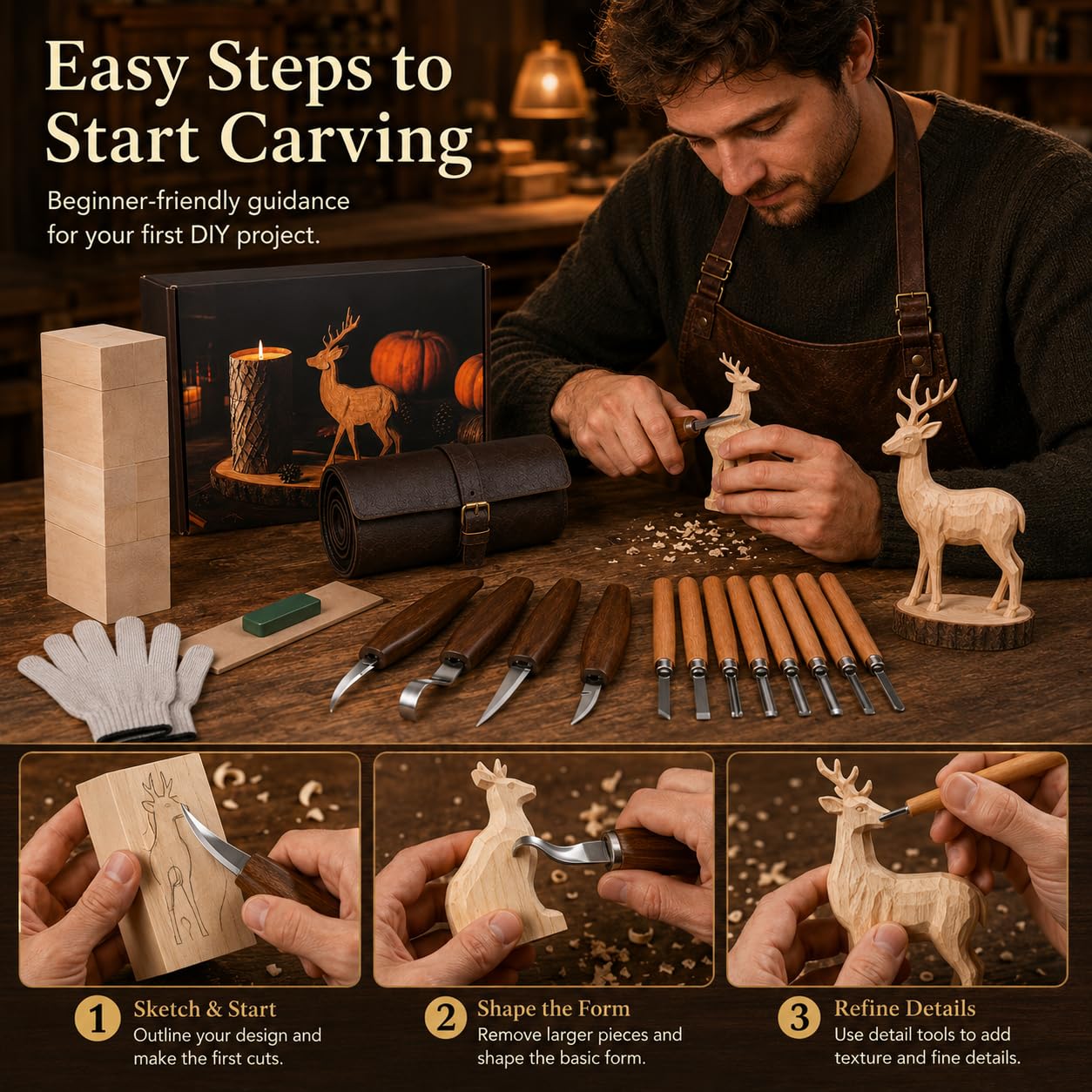 26Pcs Deluxe Wood Carving Kit, Whittling Knife Set with Leather Storage Case, Basswood Blocks & Safety Gloves, Woodworking Tools for Beginners Adults Kids, DIY Craft Gift for Men Teens