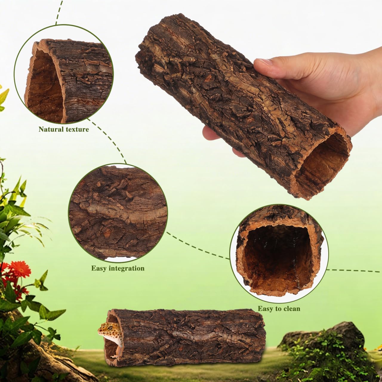 Homoyoyo Natural Wood Reptile Hide Cave Log, Tree Bark Terrarium Hideout for Gecko Snake Lizard Tortoise Spider and Hermit Crab – Rainforest Climbing Pets Habitat Decor Shelter 7. 86x3. 14x3. 14in