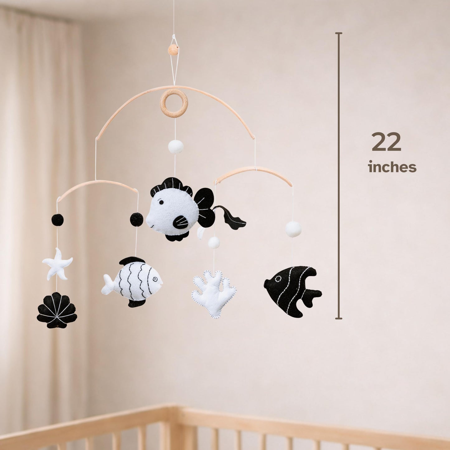 High-Contrast Black & White Decor for Newborn Baby Nursery Room – Fish Crib Mobile, Handmade for Boy & Girl, Safe Natural Wood & Fabric, Plastic-Free, Baby Shower Gift Ready