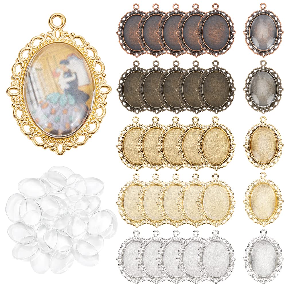 PH PandaHall 60pcs Pendant Tray Kit, 30pcs 5 Color Oval Pendant Blank Bezel, 30pcs 25 x 18mm Glass Cabochon Dome Tiles Clear Cameo Memorial Photo Pendant for Wedding Bouquet Graduation Photo Charm