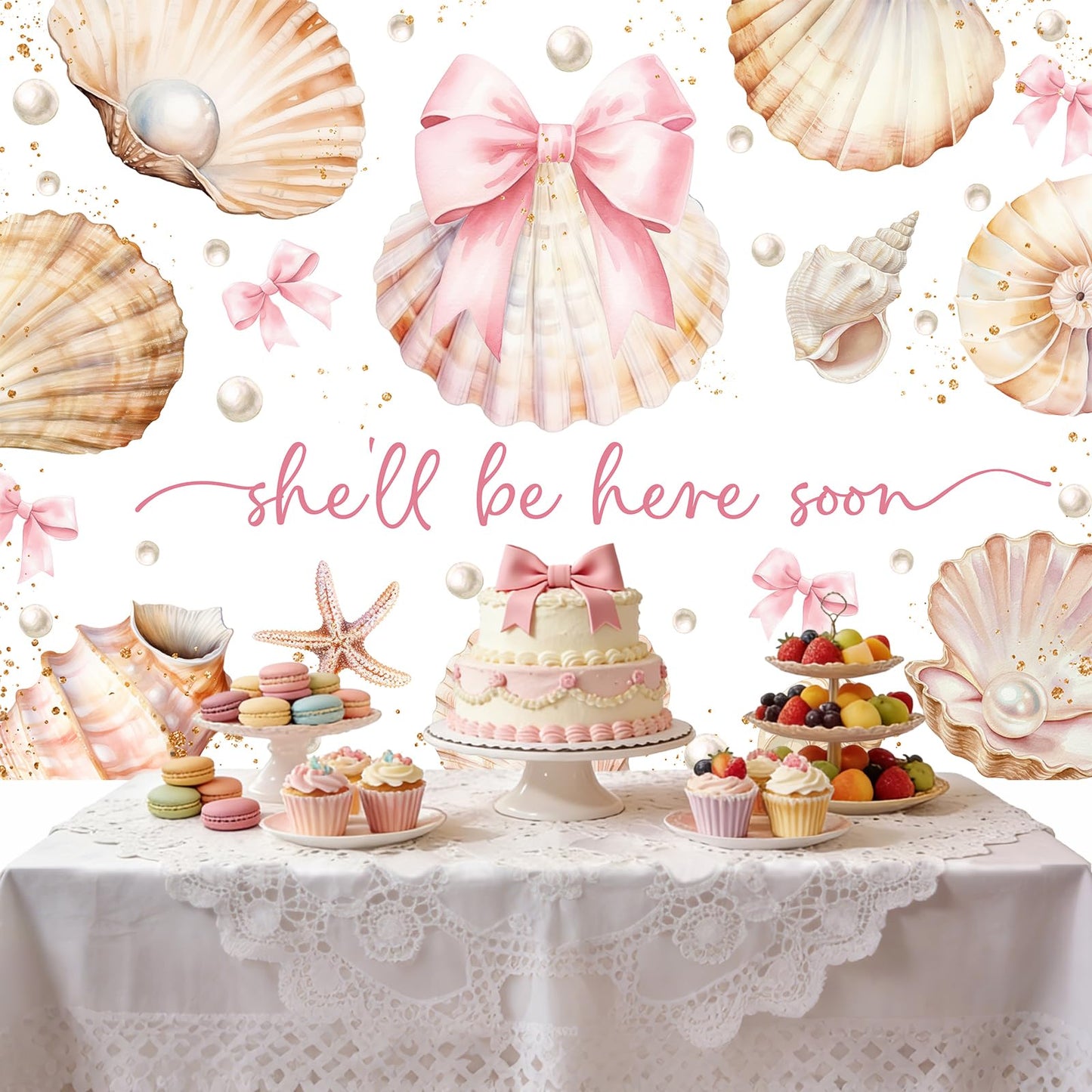 Bcuuipo Shell Themed Baby Shower Backdrop She'll Be Here Soon Pink Bowknot Pearl Seashell Photography Background for Girls Newborn Baby Shower Party Decoration Supplies Banner Photo Booth Props 7x5ft