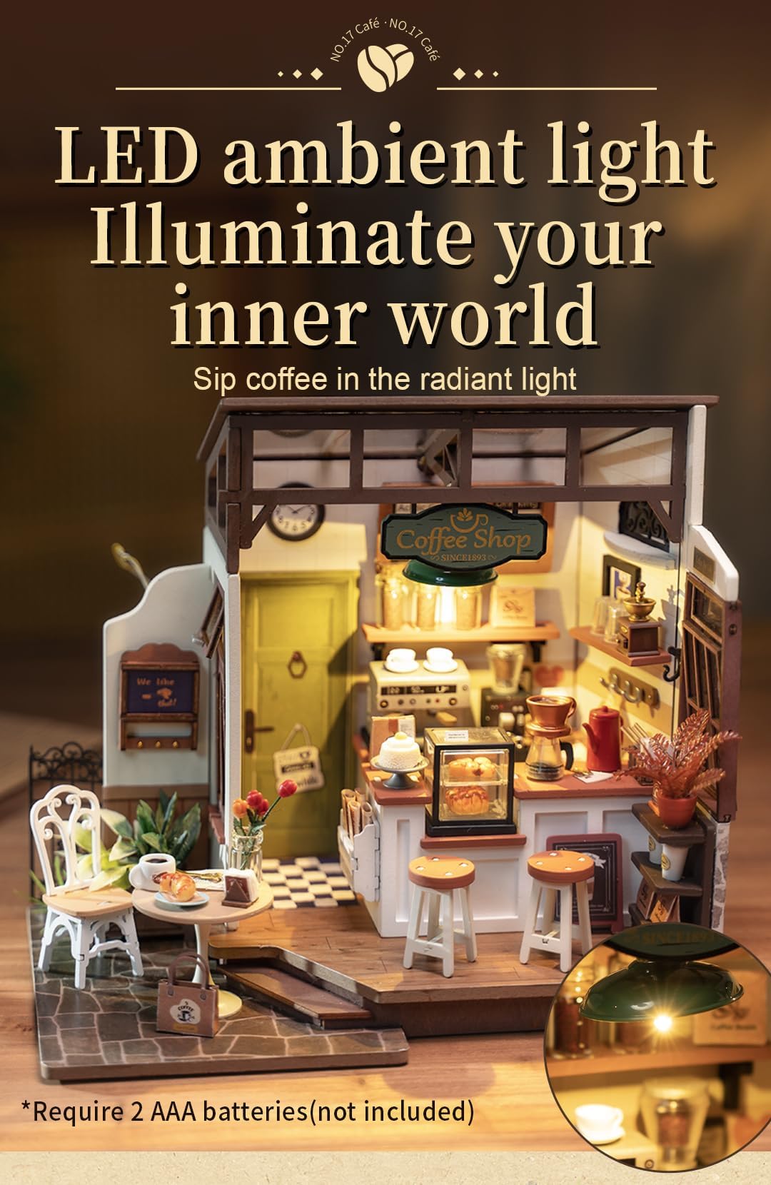 Rowood Coffee Miniature House Kit, Mother's Day DIY Miniature Dollhouse Kits for Adults to Build, Wooden Mini House Model Kits Adults Crafts with LED, Gift on Christmas Birthday for Family-NO.17 Cafe
