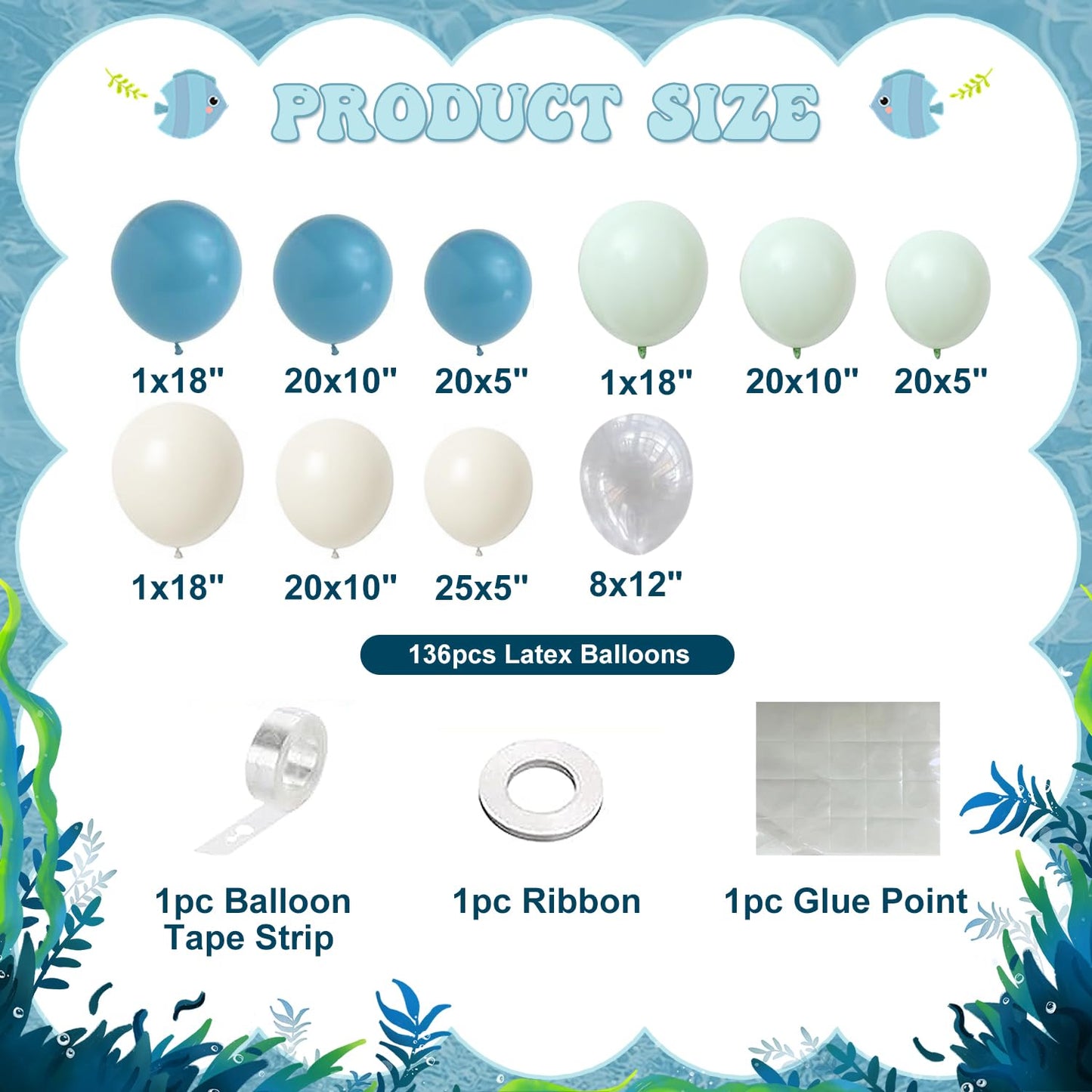 Under the Sea Party Decorations, Dusty Green Blue Under the Sea Balloon Garland Arch Kit, Ocean Themed Party Decorations Baby Shower Birthday Party Decor(136Pcs)