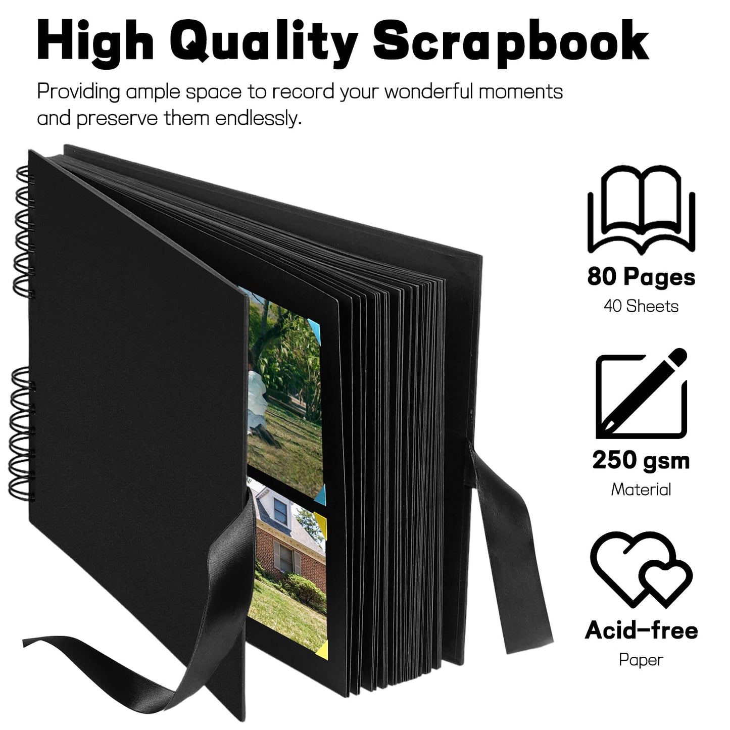 Mauproy 11.5 x 8.5 Inch Black Scrapbook Album, 80 Pages Photo Album with Black Pages, Kraft Paper Hardcover Memory Book with DIY Accessories Kit for Graduation Wedding Travel