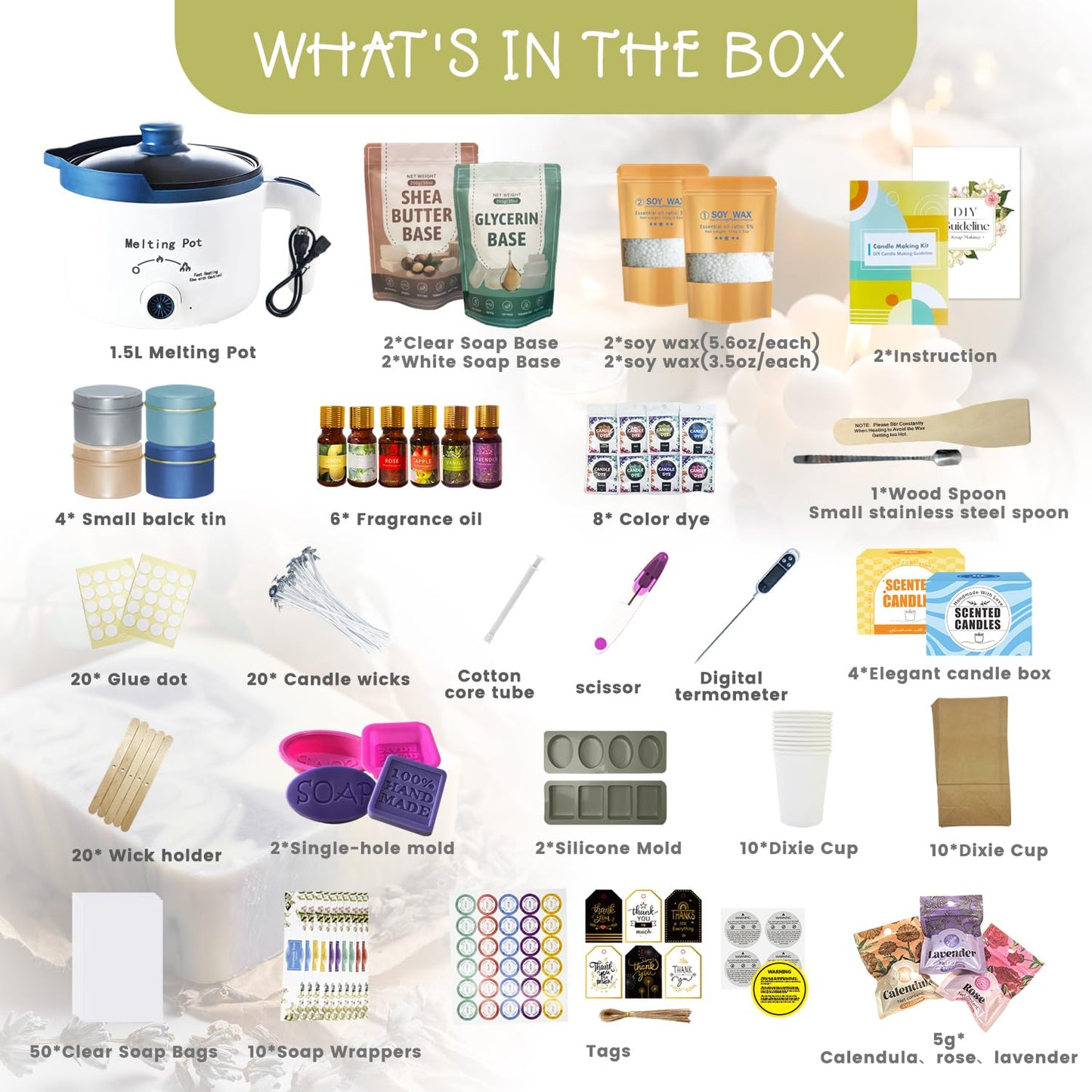 PIUH 2-in-1 Candle & Soap Making Kit for Beginners, All in one Complete DIY Craft Kit to Make Handcrafted Soap Bars + Scented Candles with Melting Pot, Wax, Soap Base, Molds, Fragrance Oils and Dyes