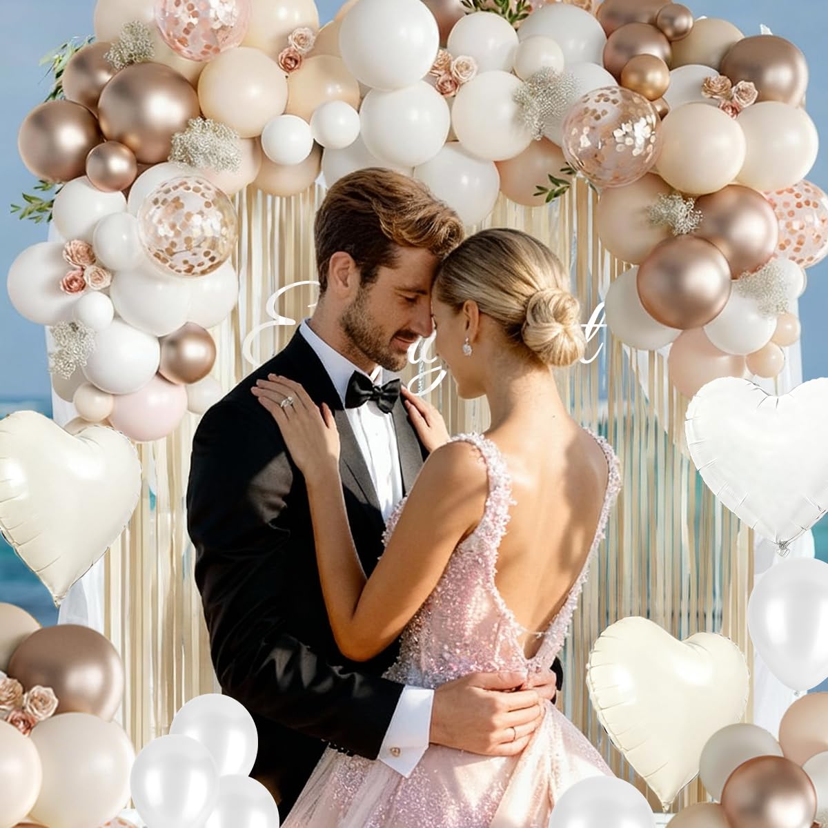 White and Champagne Gold Balloons Garland Arch Kit with Rose Gold Fringe Curtain for Woman Girl Princess Engagement Bridal Shower Wedding Baby Shower Boho Birthday Party Decorations