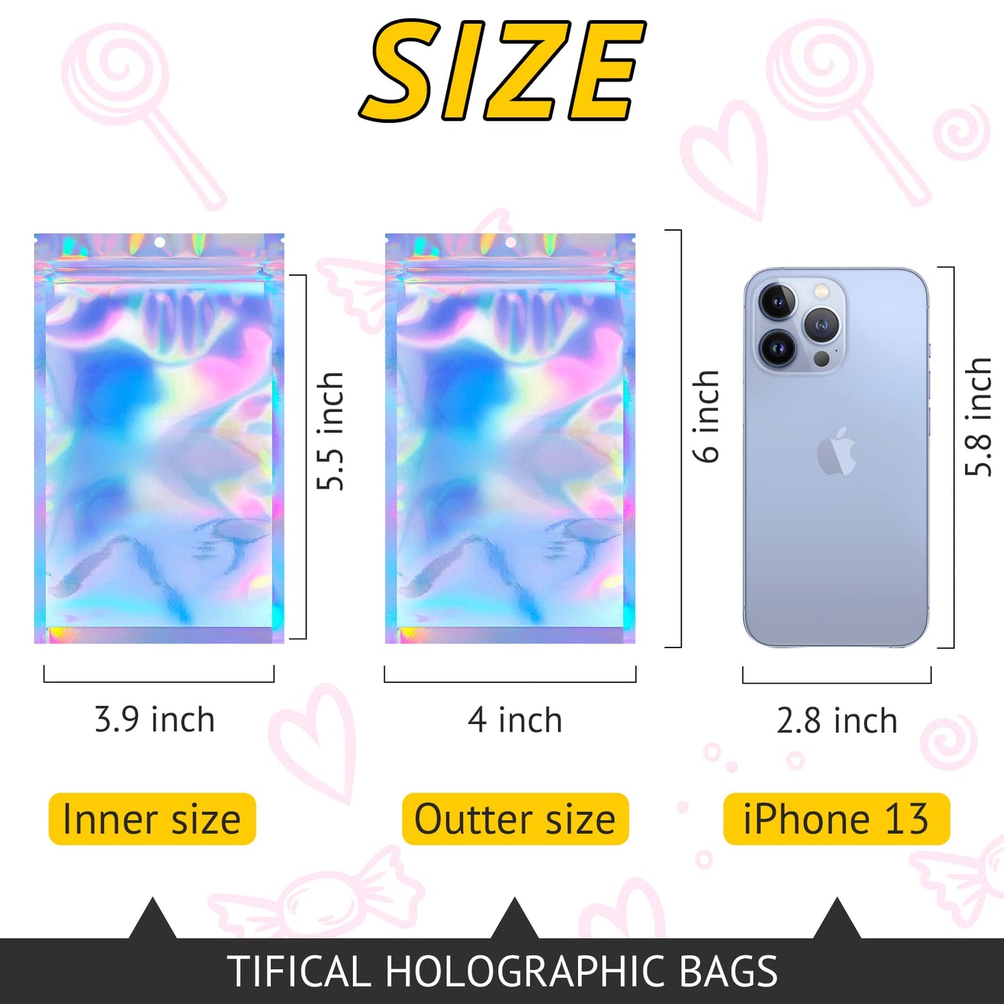 TIFICAL 100 PCS Holographic Bags for Lashes, Press On Nails, Candy, Small Baggies Sample Bag Smell Proof Packaging Bags for Jewelry, Resealable Bags for Small Business, Food Storage Bags
