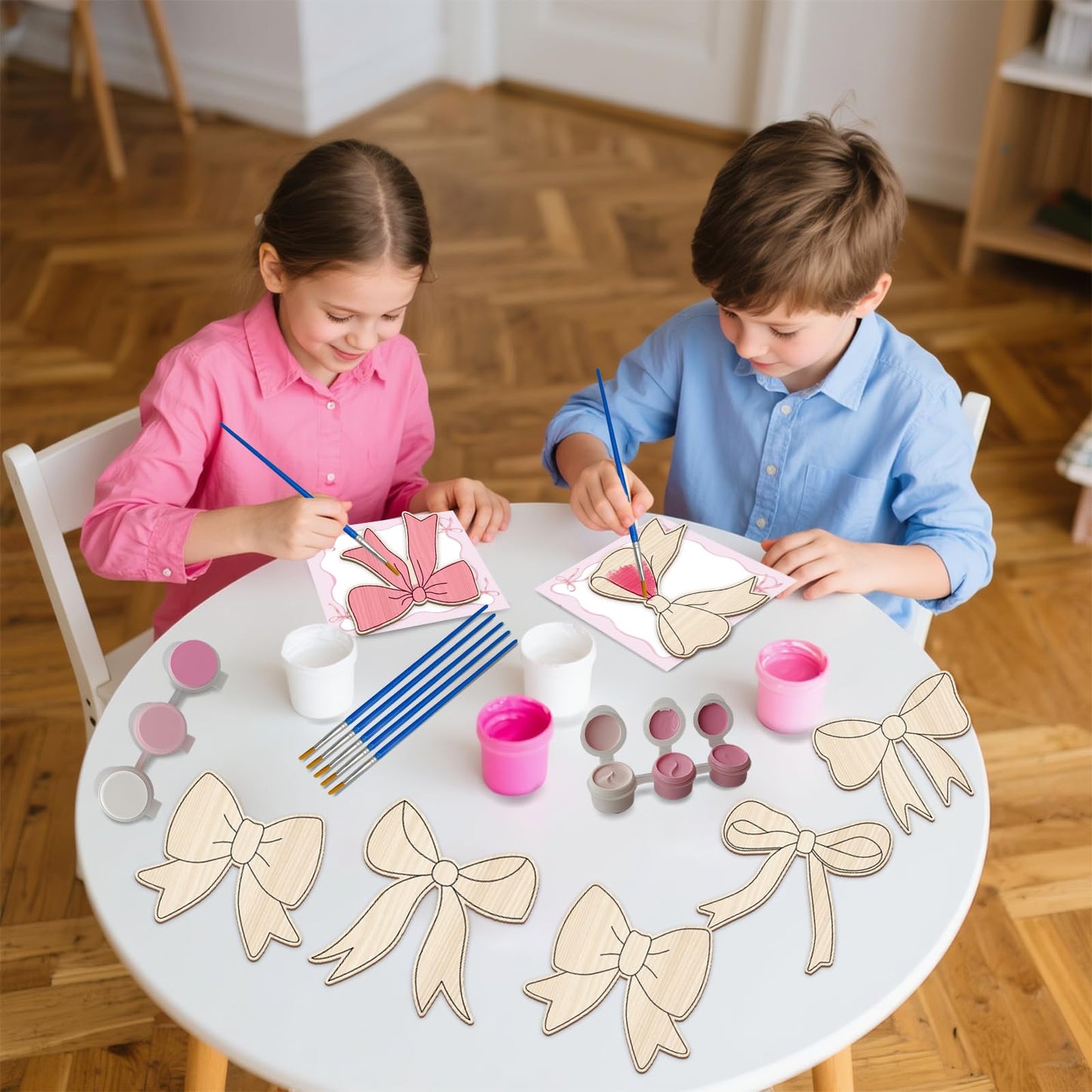 HABDJILTY 12 Pcs Pink Bow Party Favors Bow Wooden Crafts for Kids Coloring Wood Pink Bow Crafts, Bows DIY Painting Craft Kits for Student School Art Activity Gifts Games Party Supplies
