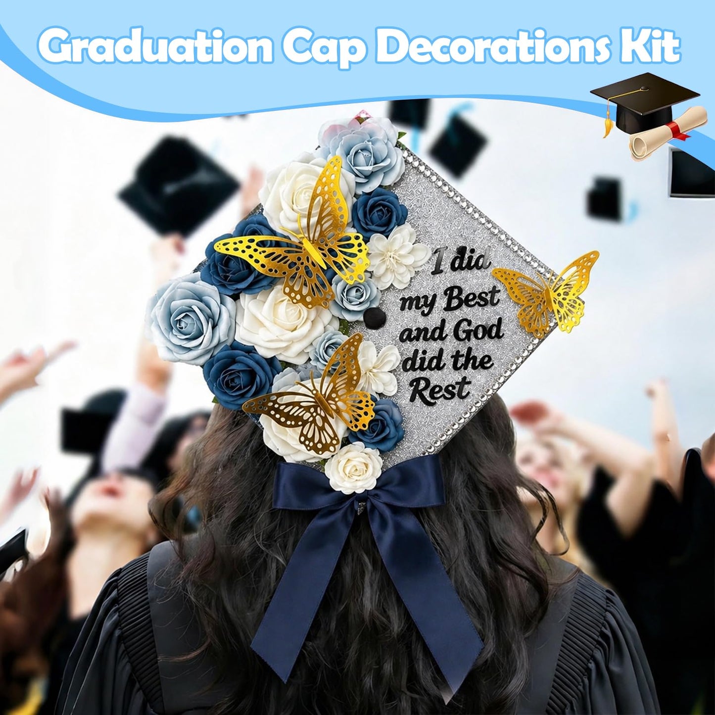 YIXAXKAO DIY Graduation Cap Decorations Kit Graduation Cap Topper Included Faux Rose Flower Heads 3D Butterfly Glitter Letter Stickers Grad Cap Decorations with Graduation Bow (Silver)