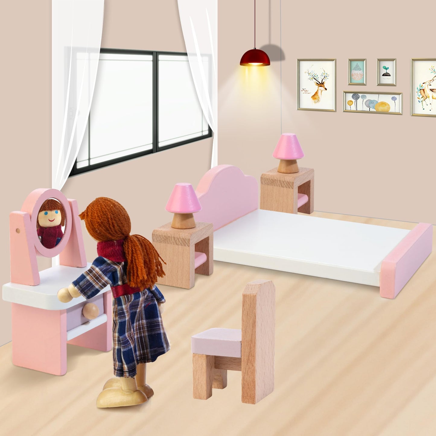 Kizfarm Wooden Dollhouse Furniture Set with 4 Family Dolls, 26 Pcs Pretend Play Dollhouse Accessories for 4 Rooms, Pink Furniture Toys Birthday Gifts for Girls Boys Age 3+
