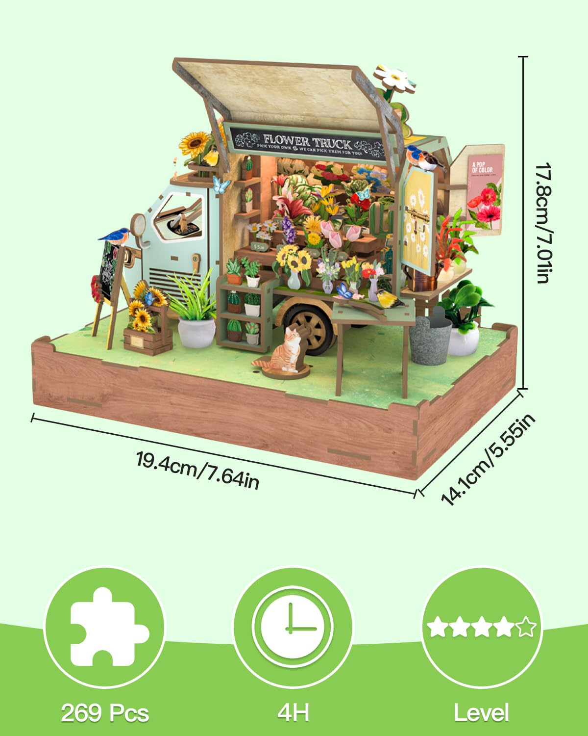 Rnfinewow DIY Miniature House Kit Flower Cart, DIY Miniature Dollhouse Kit with LED Light Music for Room Bookshelf Decor, Tiny House Crafts for Adults, Birthday for Men Women Teens