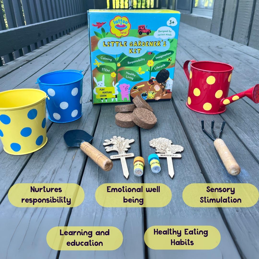 Lattooland Little Gardener's Kit | Complete Gardening Kit for Children 3-8 Year Old| Gardening Tools, Metal planters, Metal Watering can, Soil, Seeds, | Flower Grow Set | Birthday Gift Multicolor