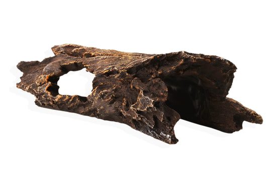 YAKCAM Reptile Hide 10.5 x 2.5 Inch Natural Looking Driftwood Aquarium Cave, Hideout for Amphibians, Lizards & Fish | Hollow Log with Life-Like 7" Monstera Plant | Terrarium & Aquarium Tank Decoration