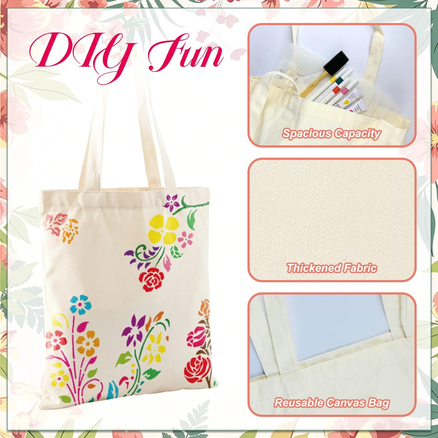 Cinrobiye 6 Pack DIY Canvas Tote Bag Craft Kit with Painting Supplies, Blank Cotton Reusable Bags for Floral Painting, Handmade Gifts, Mother’s Day, Teacher Appreciation, Party Craft Activities