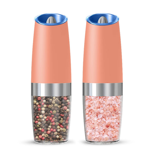 KIARYUOLL Gravity Electric Salt And Pepper Grinder Set, Automatic Salt And Pepper Grinder Set, Battery Powered (6 AAA Batteries Each), Adjustable Roughness, LED Light, 2 Pack, (Pink)