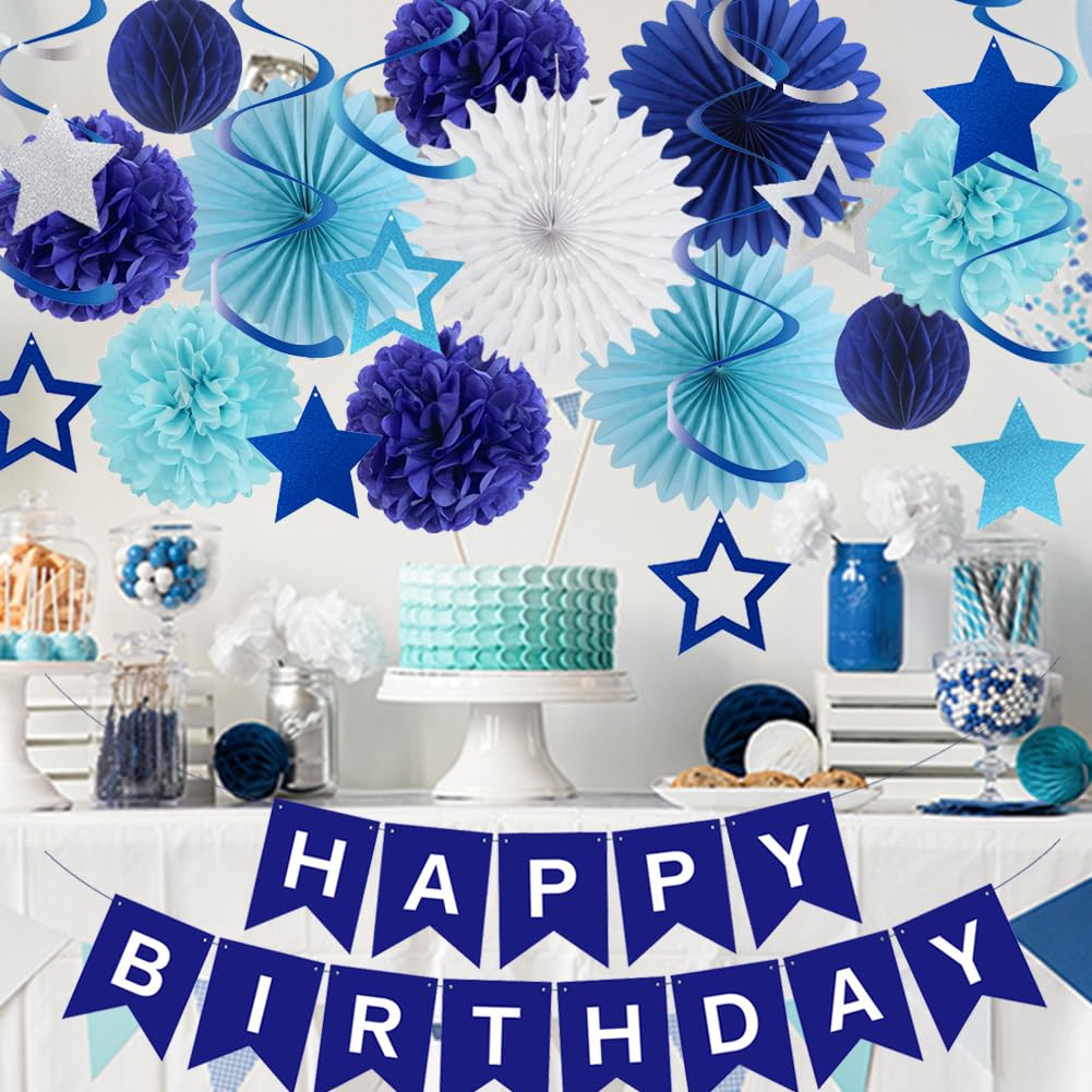 Blue Birthday Decorations for Men Boys Navy Blue Happy Birthday Banner Paper Fans Paper Pom Poms Star Hanging Swirls for Men Women Boys Girls Blue Birthday Party Decor