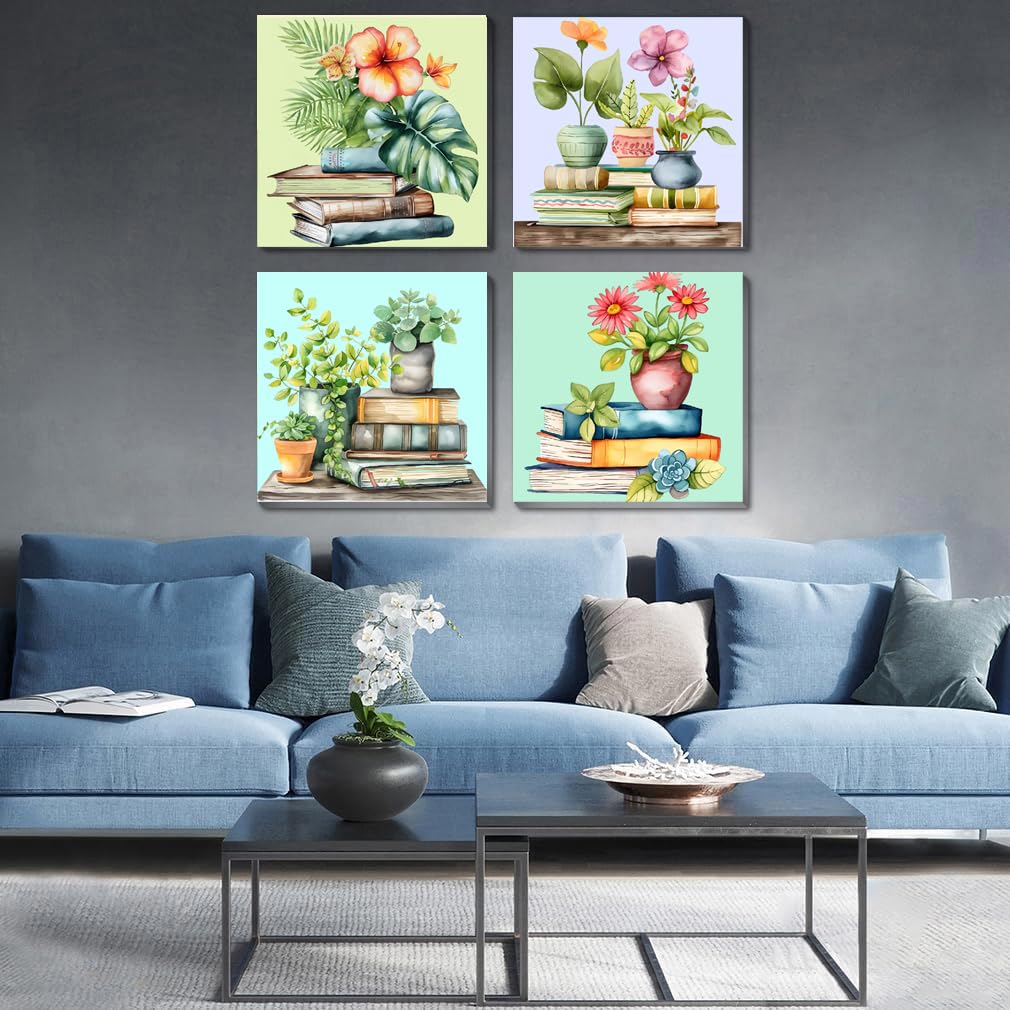 Fotasmua 4 Pack Framed Paint by Numbers for Adult, Book Paint by Numbers Kit for Adults Kids, DIY Flowers Plant Acrylic Painting on Canvas for Home Wall Art Decor 8 x 8 Inch