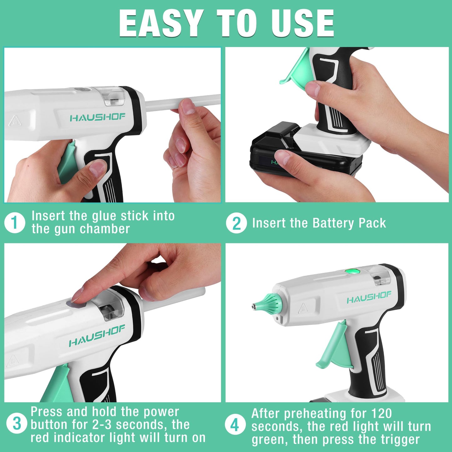 HAUSHOF Cordless Hot Glue Gun, 20V Glue Gun with 20 PCS Full Size Sticks, Drip-Free Fast Preheating Glue Gun Kit for DIY & Crafts, Repair and Construction, Rechargeable Battery and Charger Included
