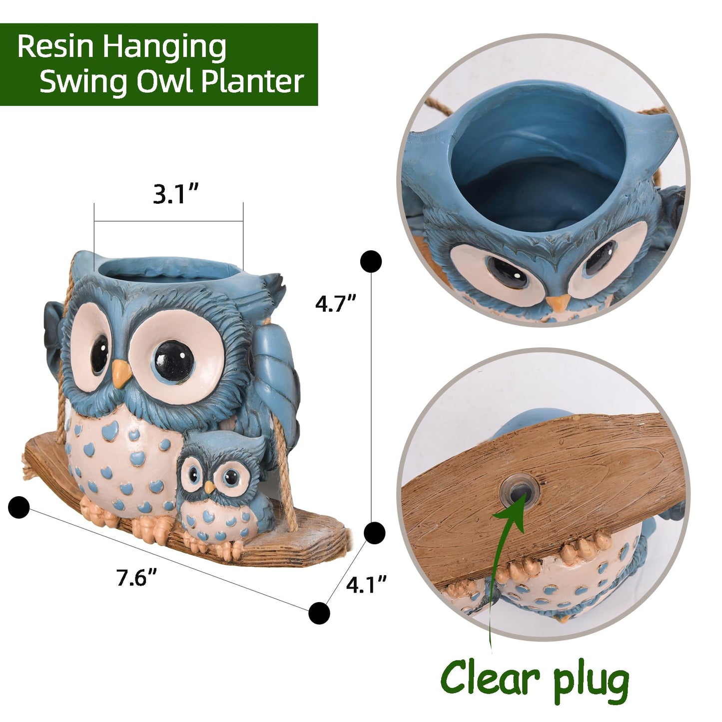Swing Owl Hanging Planters for Indoor Plants, Cute Small Succulent Pots with Drainage Hole, Unique Resin Plant Hangers Outdoor, Hanging Plant Holder for String Of Pearls, Gift Ideas for Mother