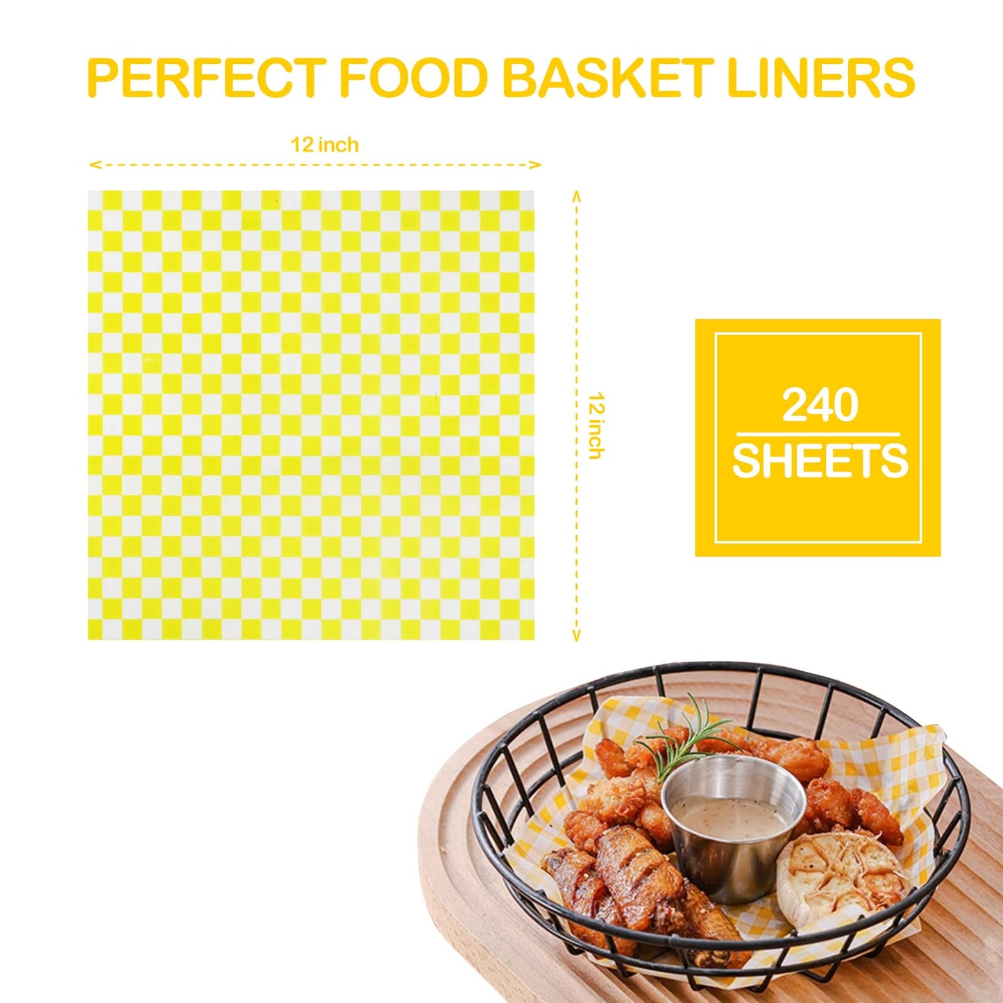 240 Pcs Food Basket Liners 12x12 inch Wax Paper Deli Paper Sheets Grease Proof Sandwich Wrapping 6 colors Checkered for Bread Burger Fast Food Home Kitchen and Party