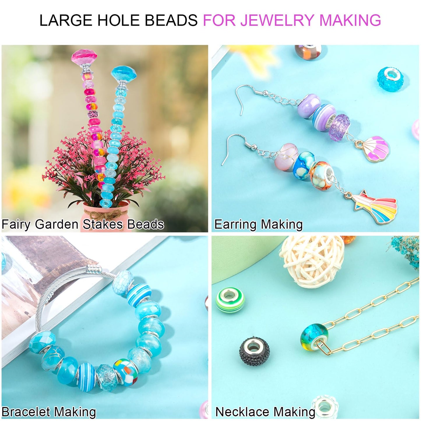 200 Pieces Large Hole Beads Spacer Bead Mixed Assorted European Craft Big Beads Large Hole Lampwork Murano Fairy Wand Garden Bead for DIY Pens Charms Bracelet Necklace Keychain Jewelry Making Supplies