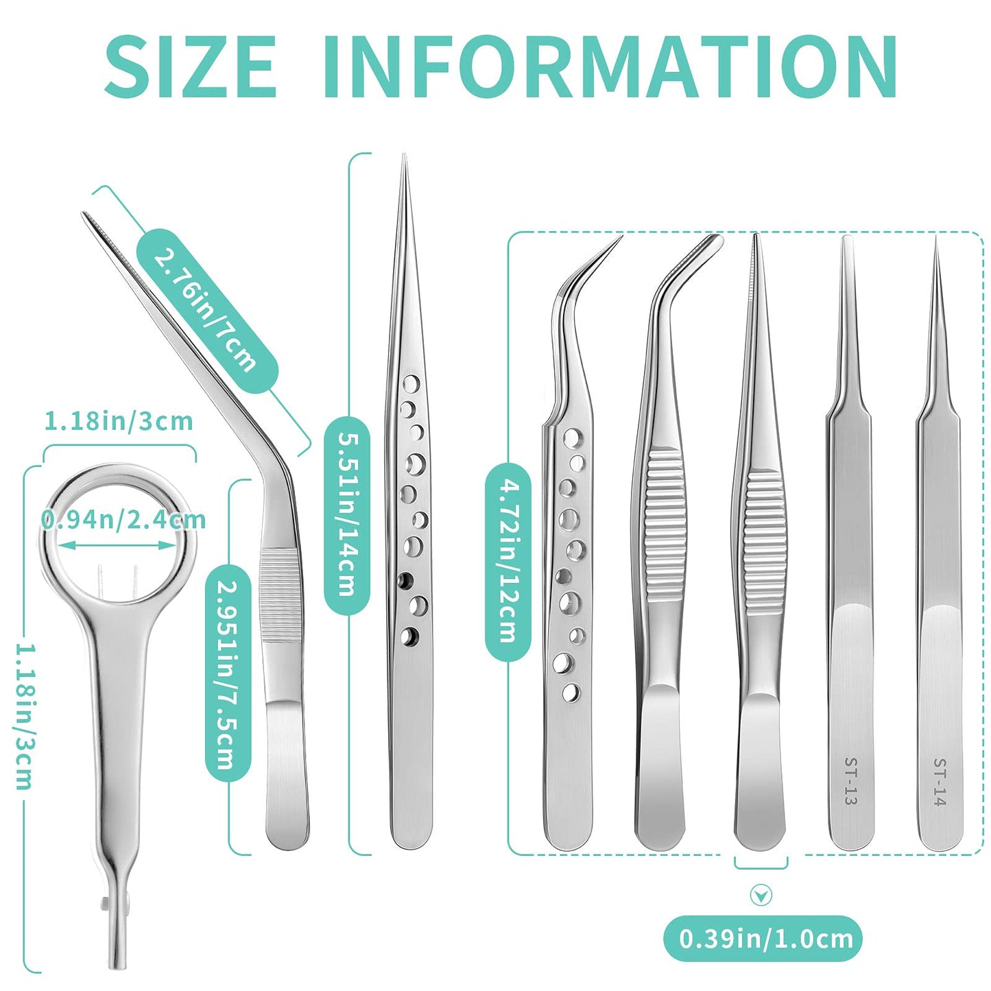 8 Pcs Tweezers Set Stainless Steel Tweezers Forceps with Magnifying Glass Straight Fine Point Forceps Curved Round Flat Tip Tweezers 9 Holes Straight Curved Tip Tweezers for Beauty Craft (Simple)