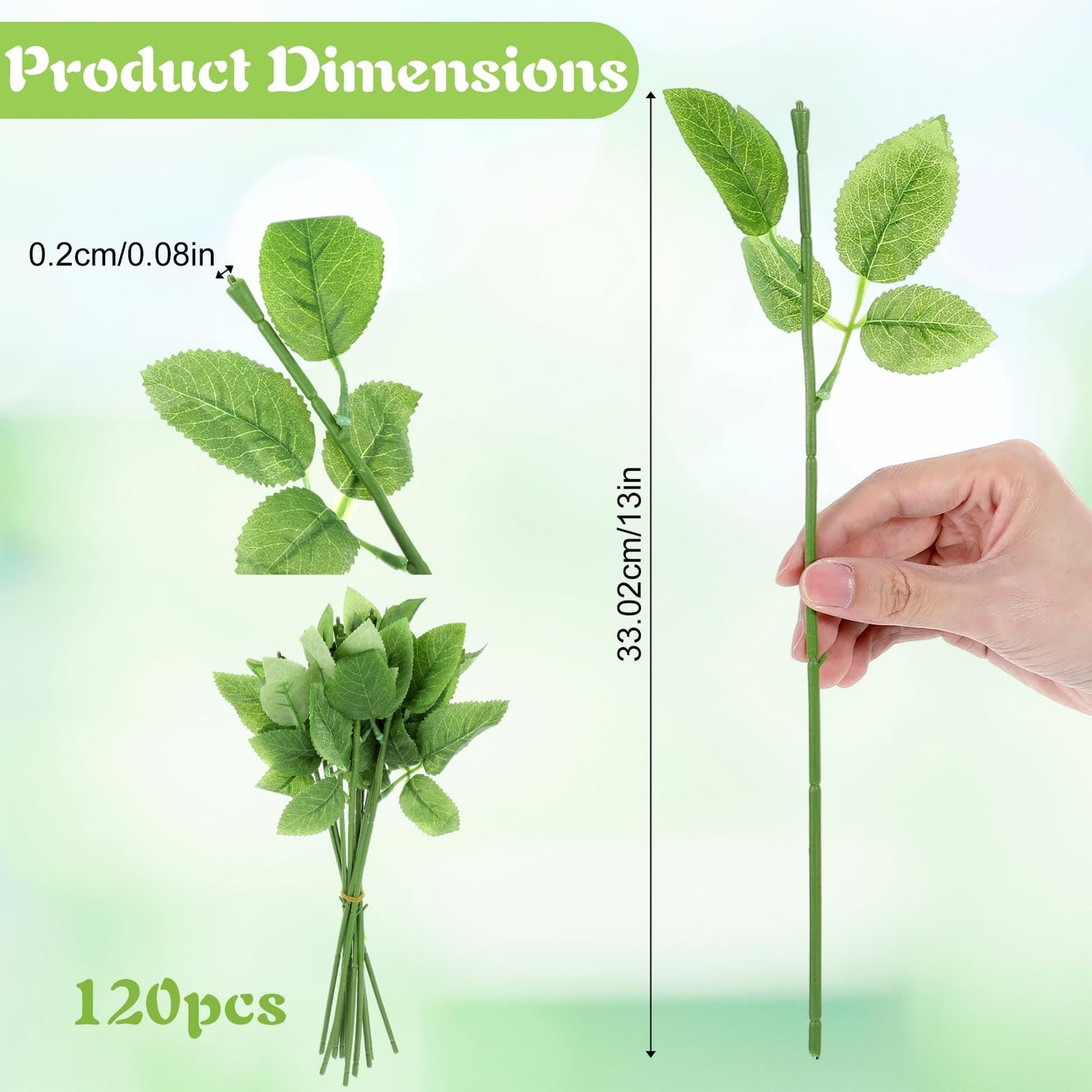 Tolare 120 Pcs Rose Stems with Leaves, Fake Flower Stems Artificial Plastic Floral Wire DIY Craft Supplies for Bouquet Making Wedding Party Home Decor Arrangement Tools