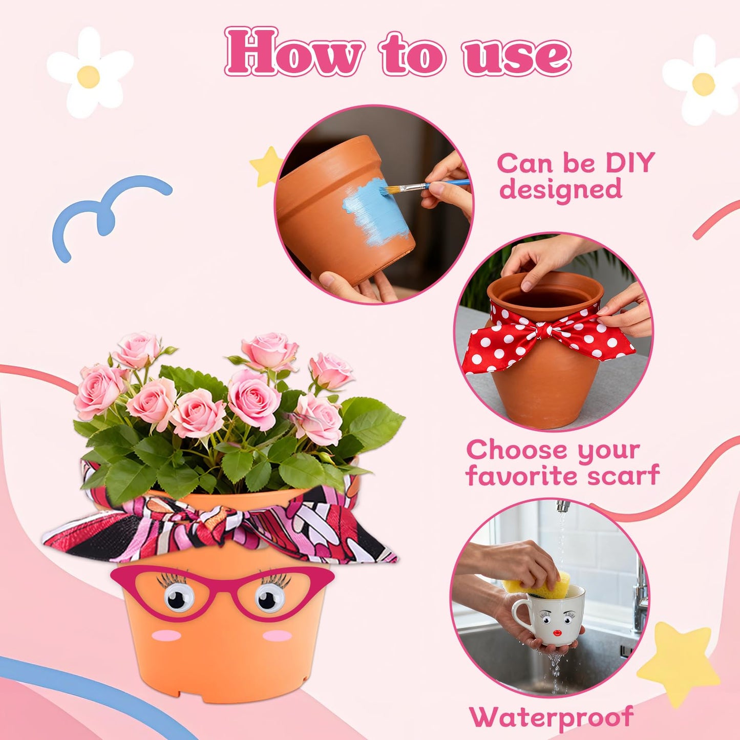 DIY Flower Pot Painting Kit with Face Stickers & Ribbons – Funny Plant Pot Craft, Creative Garden Decor for Journals Gifts Parties