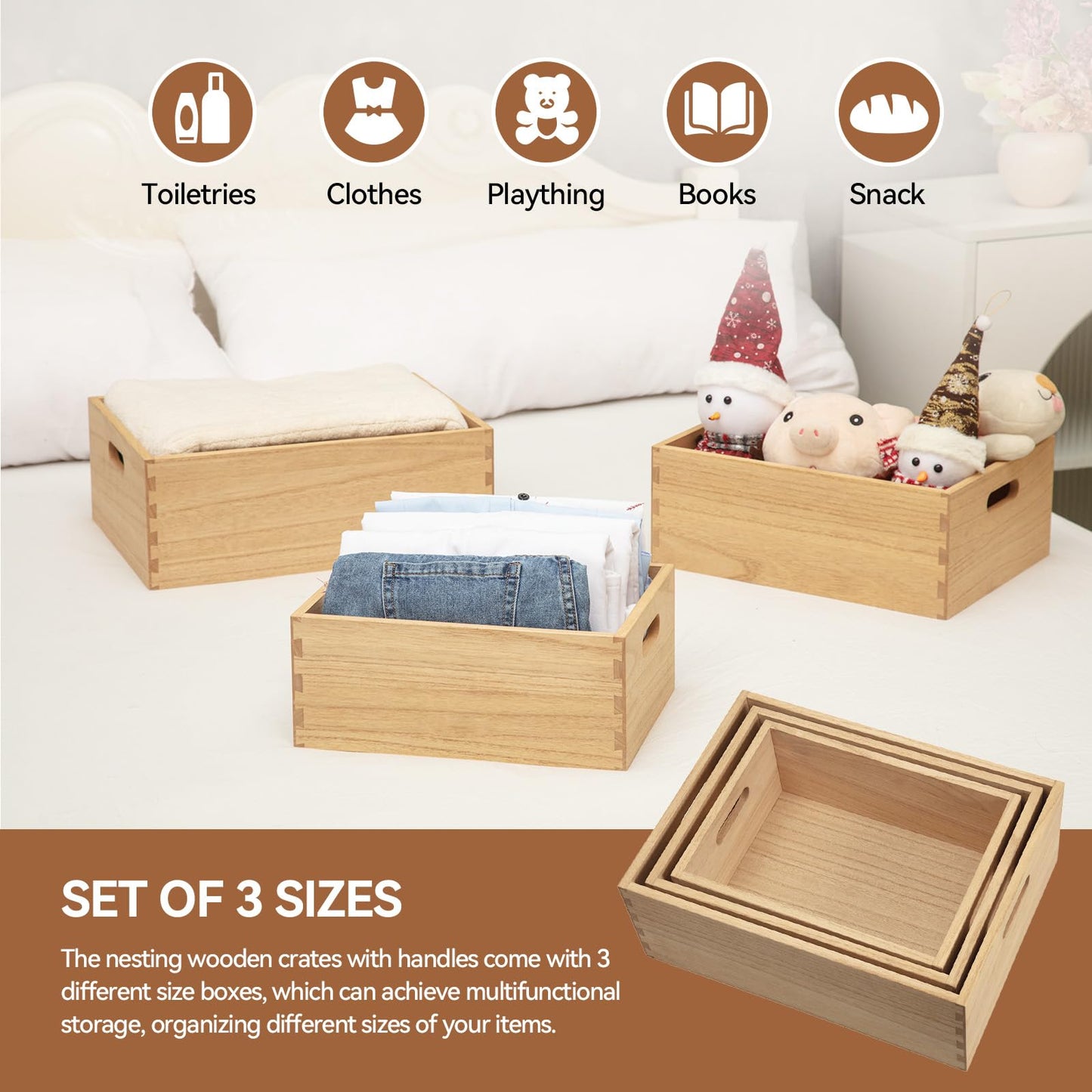 KIRIGEN Nesting Wood Crates with Handles, Set of 3 Decorative Storage Boxes, Farmhouse Shelf Bins for Pantry, Bathroom, Craft Room, Toys, Towels, Books, 15.75 x 11.8 x 5.9 in, Natural 3TH-NA