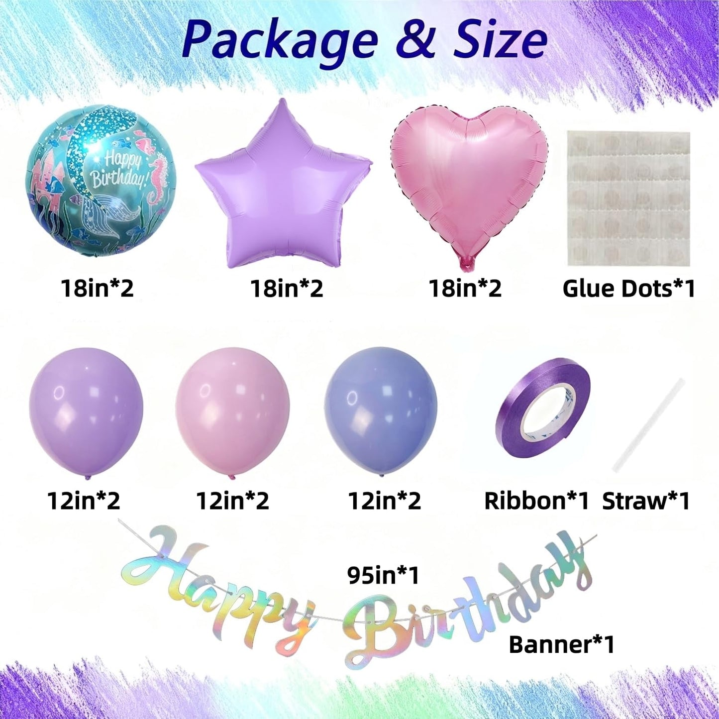 Mermaid Birthday Decorations for Girls Age 3-7, Purple Blue Pink Mermaid Theme Party Supplies with Large Shell Foil Balloons, Banner, Heart and Star Balloons for Kids Baby Shower (4th)