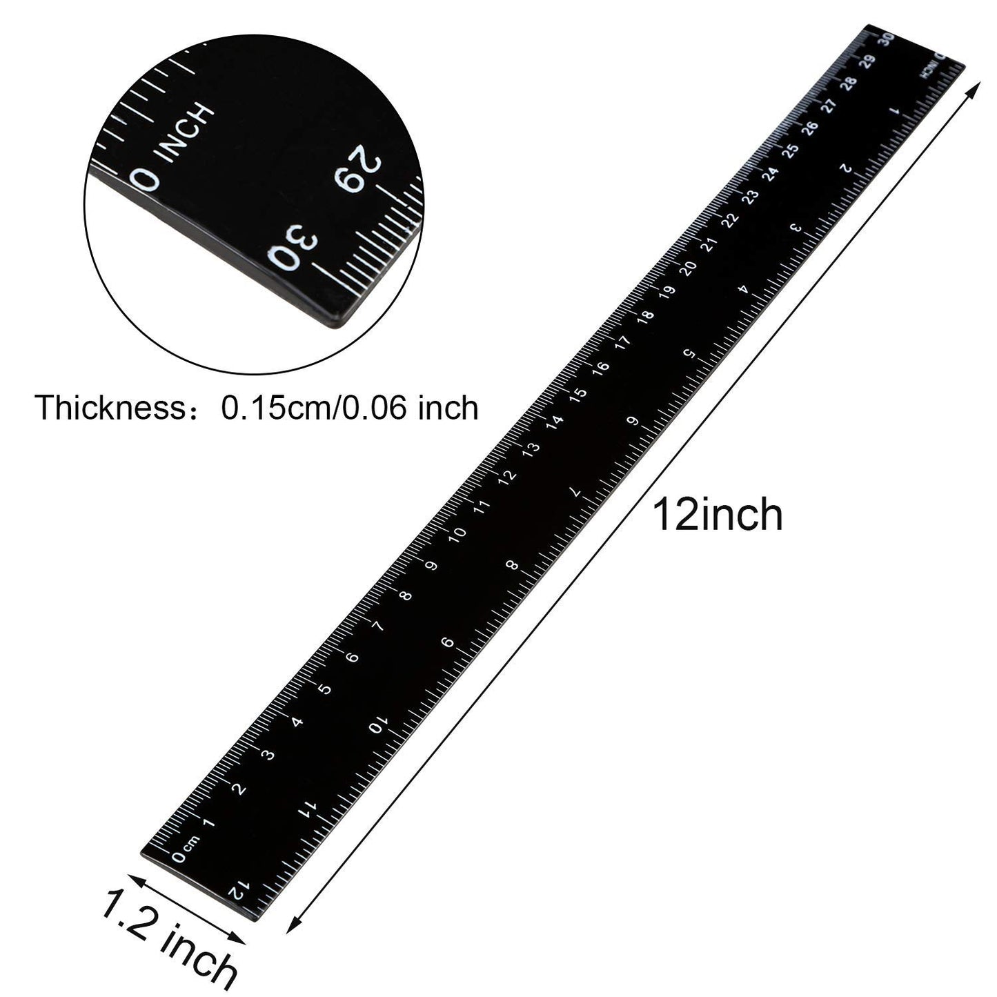 EBOOT 50 Pack 12 Inch Plastic Ruler Bulk Black Ruler for Classroom with Inches and Metric for Easy to Read Markings Design Clear for Crafting Office School Supplies Set Measuring Tools (Black)