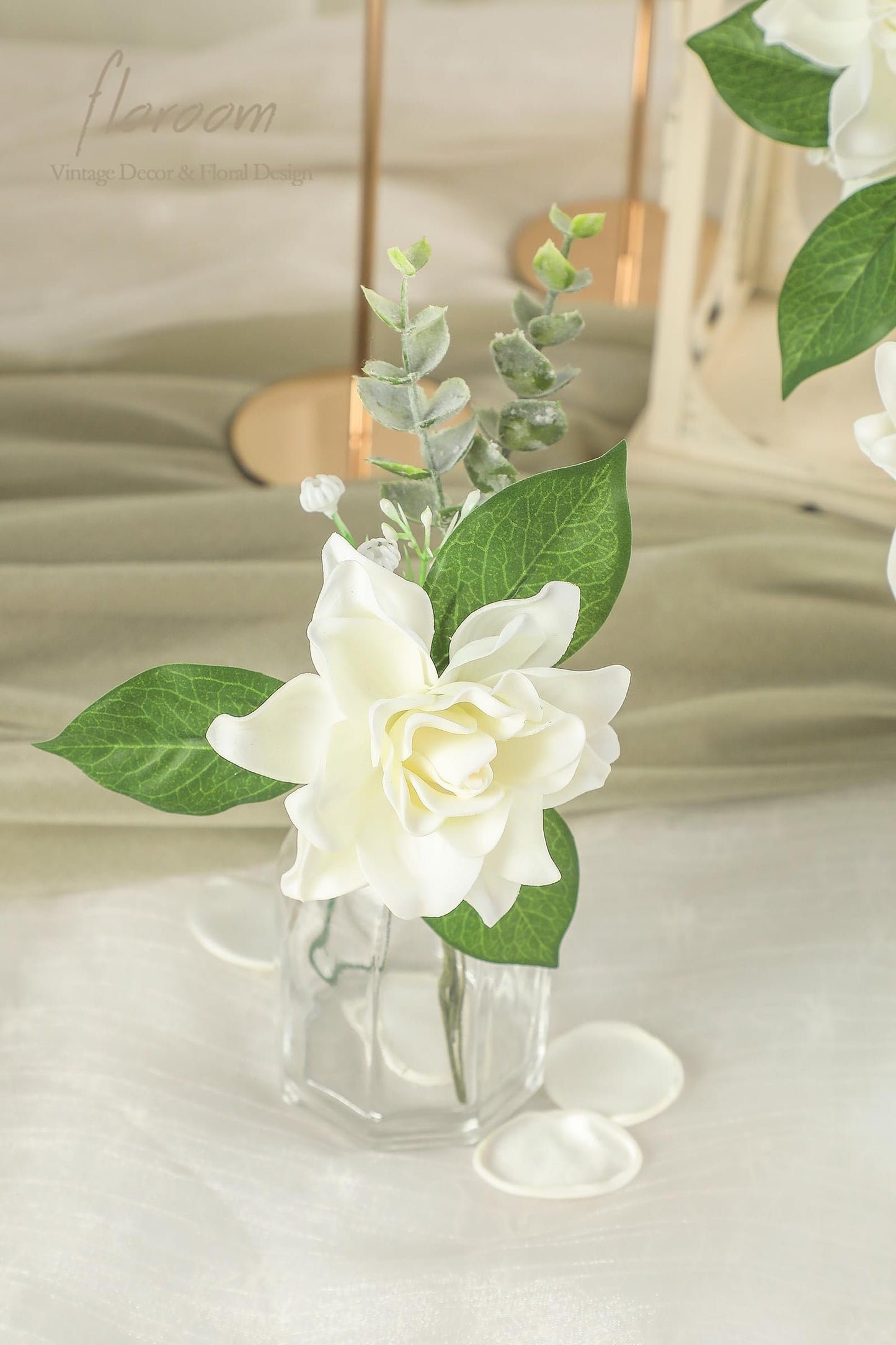 Floroom Artificial Gardenia Flowers 2.7" 25pcs Real Looking Ivory Foam Fake Flowers with Stems for DIY Wedding Bouquets Bridal Shower Centerpieces Floral Arrangements Party Tables Home Decorations