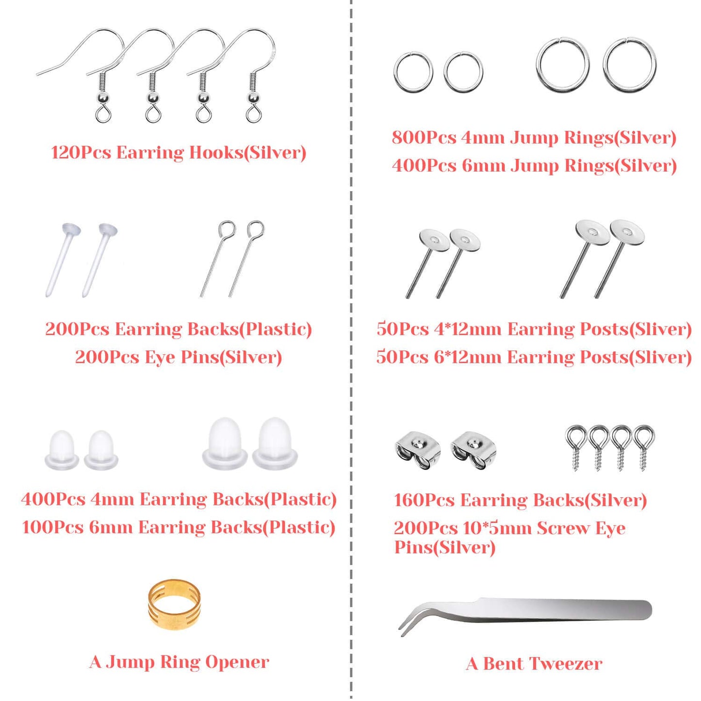 Thrilez 3080Pcs Earring Supplies Kit - Includes Hooks, Backs, Rings, Pins, Posts and Tools for Making and Repairing