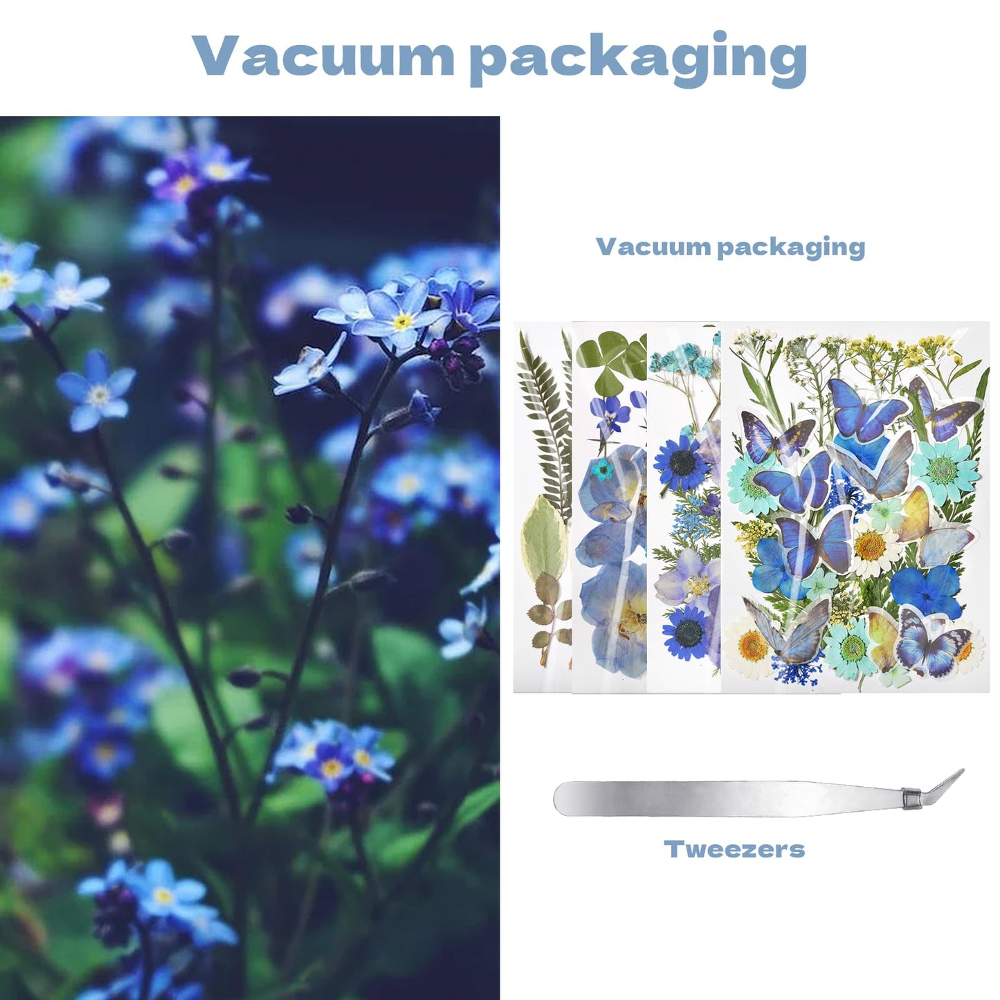 CONVELIFE Pressed Flowers112 Pcs , Blue Natural Dried Pressed Flowers with 10Butterfly Stickers, Pressed Leaves kit for Scrapbook Supplies Card Making Resin Jewelry Making Soap Candle DIY Crafts