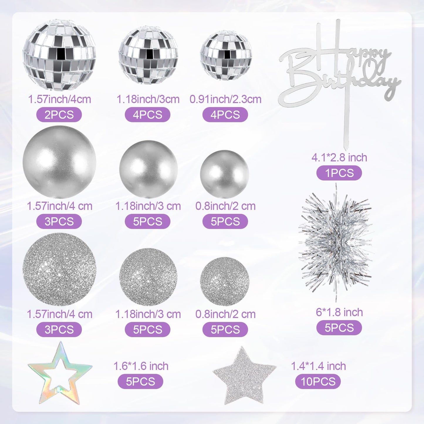 Teenyyou 57 Pcs Disco Cupcake Toppers Glitter Happy Birthday Cake Topper Cake Decorations Kits Disco Balls Star Tinsel Firework Cupcake Picks for Wedding Baby Shower Birthday Party Decor