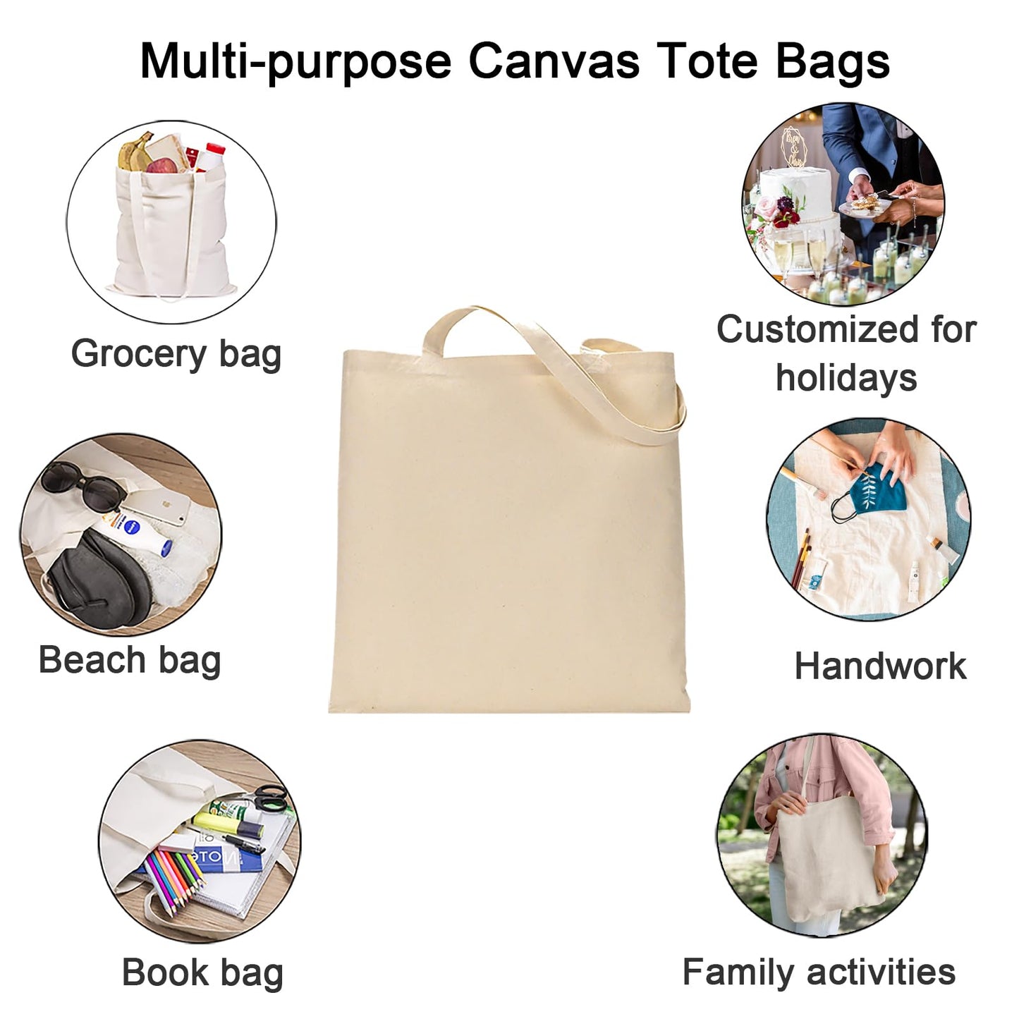 FunisFun 12 Pack Blank Canvas Tote Bags Bulk Reusable Shopping Grocery Bag for Crafts with a PTFE Teflon Sheet DIY