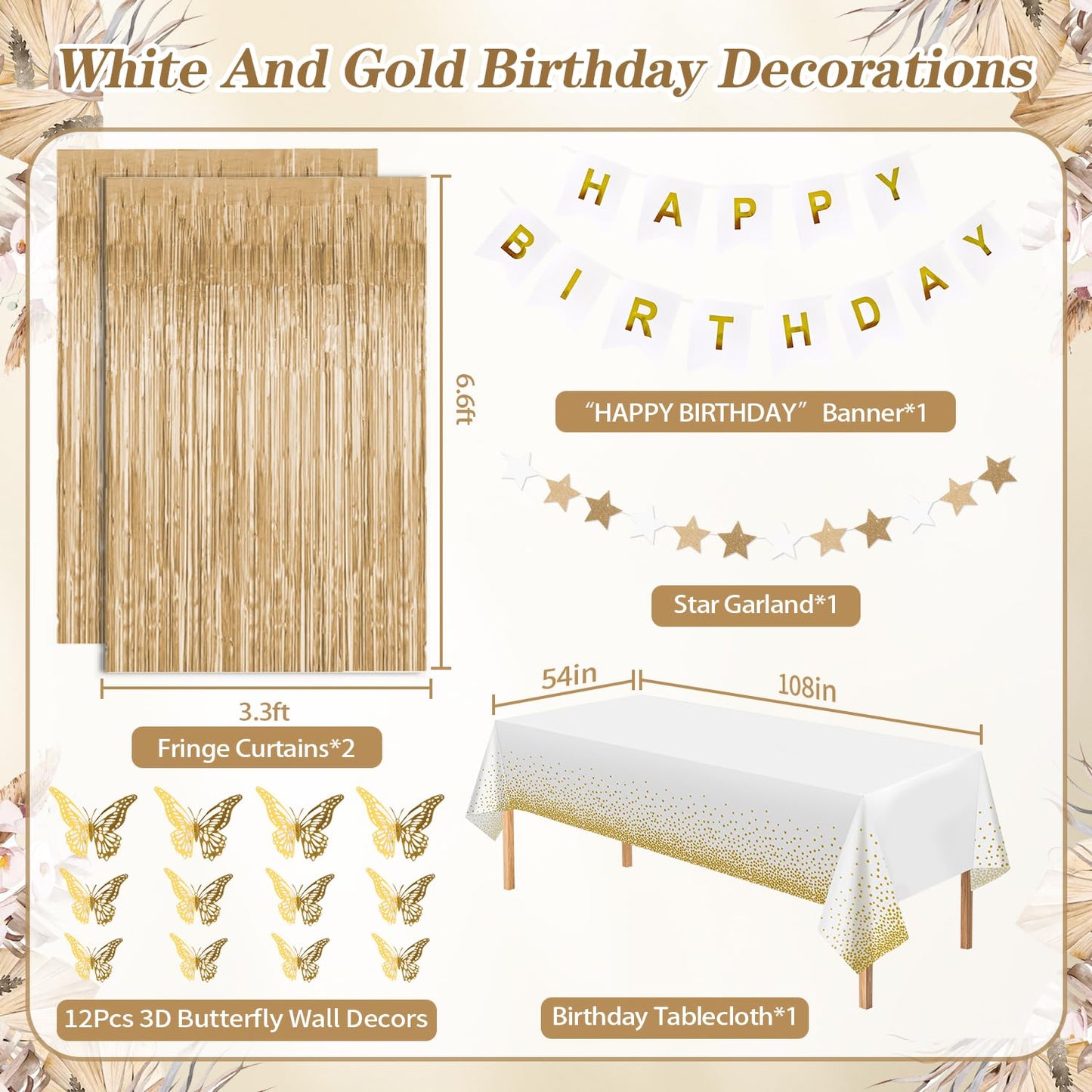 Birthday Decorations for Women, Golden Birthday Party Decorations, White Sand Beige Gold Balloons Tablecloth Birthday Sash Crown Fringe Curtain Butterfly Decor Gold Party Decor for Women Girls Bday