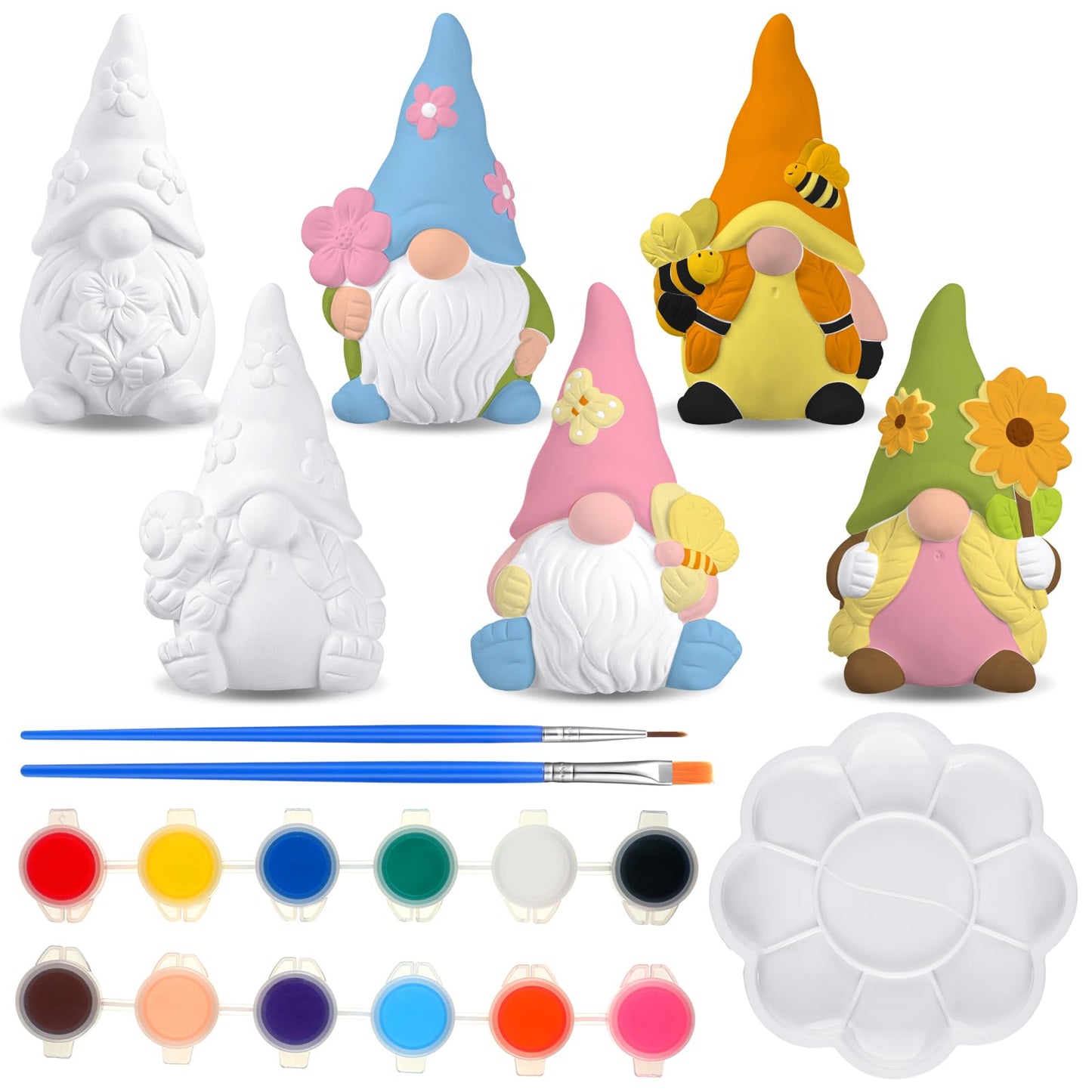 Poen 6 Sets Ready to Paint Your Own Ceramic Gnome Statues Summer DIY Unpainted Ceramics Gnome Figurines Kit Spring Crafts Gifts Drawing Figurines DIY Art and Craft with Brush Palette Paint for Adult