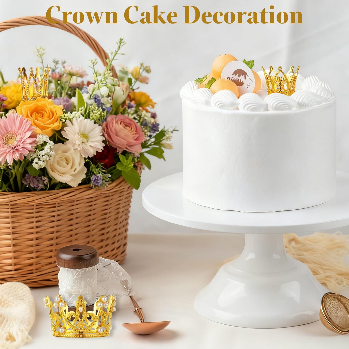 STARVAST 50PCS Mini Crowns Bulk for Flower Bouquets, Small Gold Crown Cupcake Toppers for Wedding, Baby Shower & Birthday Party Decorations, 5 Styles with Floral Arranging Needles