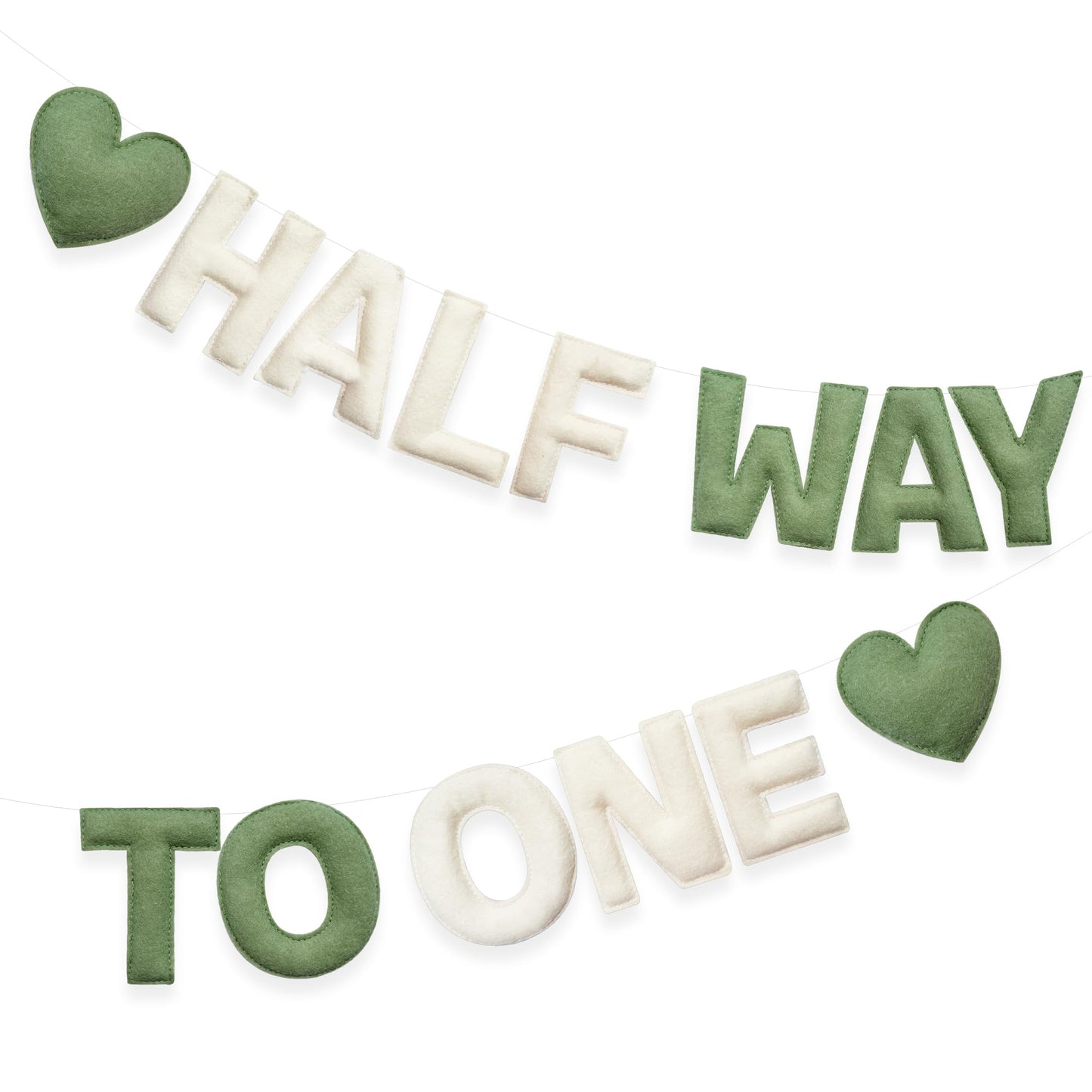 Sage Green Heart 1/2 Way to One Birthday Decoration Pre-Strung Handmade Felt Half Way To One Sign Banner for 6 Months Birthday Baby Boy Girl Neutral Decorations Party Nursery Home Wall Fireplace Decor