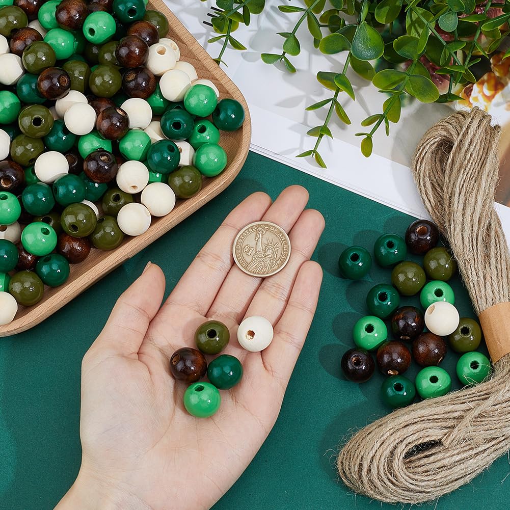 PONABEADIY 1 Box 250pcs 16mm 5 Colors Round Wooden Beads with Jute Twines Spray Painted Natural Ball Macrame Dyed Schima Wooden Loose Bead Bulk for Jewelry Making Necklaces Bracelets DIY Craft Supply