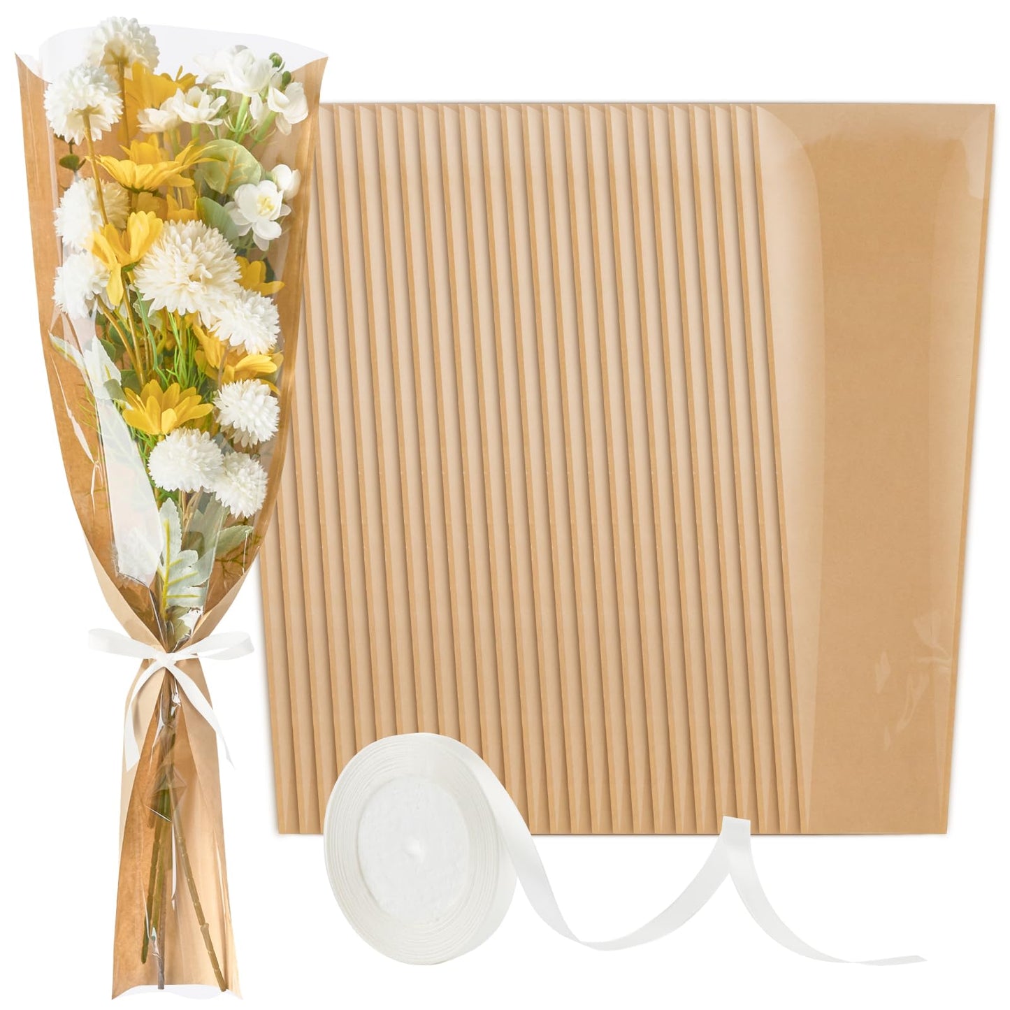 Mauproy 50 Pack Flower Bags for Bouquets, Flower Wrapping Paper Kraft Floral Wrap Sleeves with Ribbons for Graduation Florist Supplies Wedding (24.8 x 8.7 Inches)