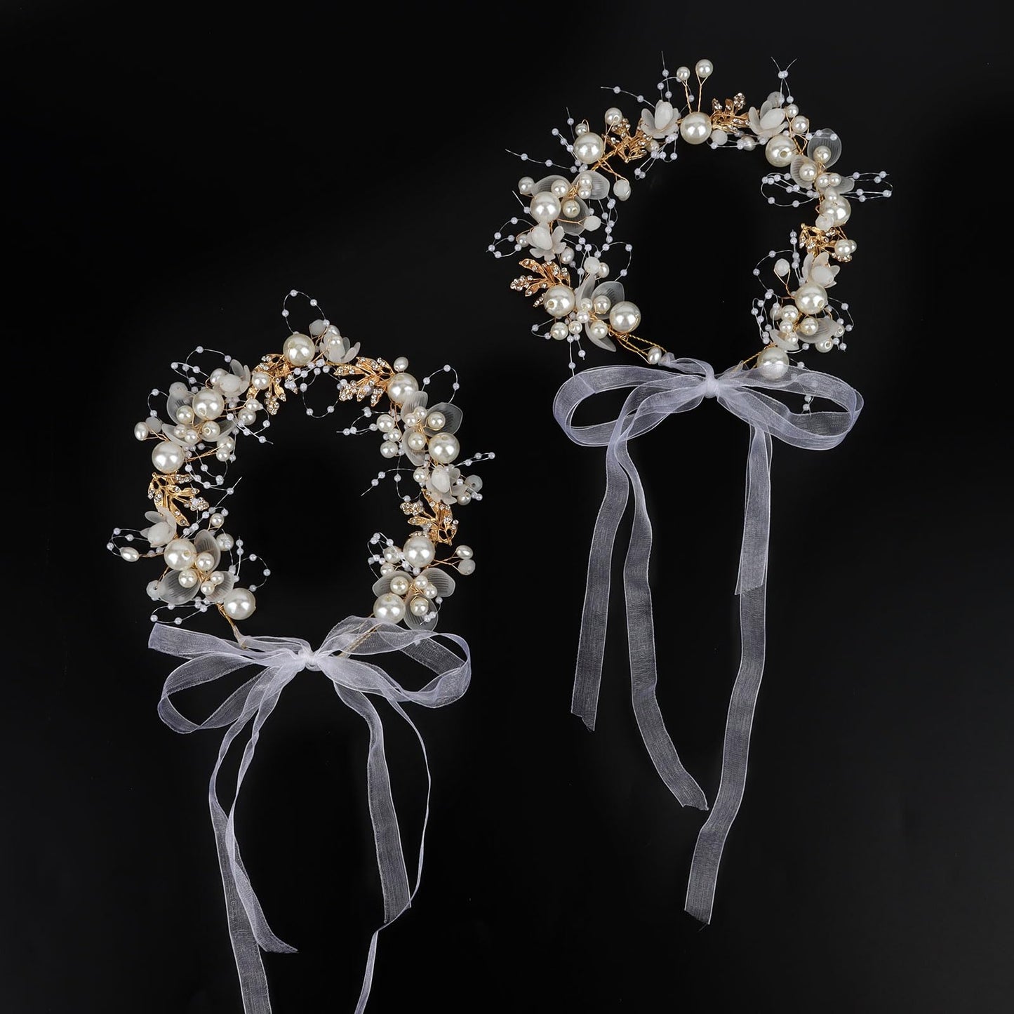 Semato 2 Pcs Flower Girl Headpiece for First Communion Headpiece Princess Tiara Crown with Rhinestone and Pearl Headband Floral Wedding Prom for Girls and Women (Gold)