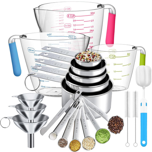 Measuring Cups and Spoons Set 21 Piece, 11 Stainless Steel Nesting Measuring Spoons and Cups with 3 Plastic Measuring Cup, 3 Funnel, 3 Brush, 1 Ruler, Measuring Cup Set for Kitchen Baking Liquid Dry