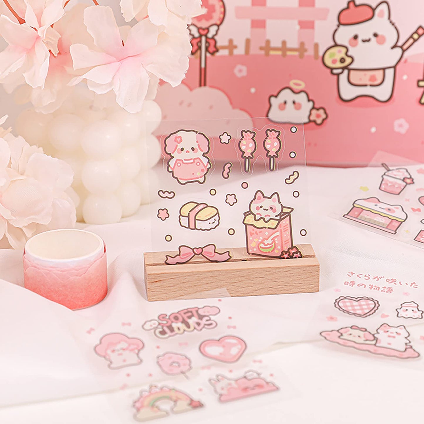 Doraking Kawaii Cute Animal Stickers for Journaling Scrapbooking, Vinyl Transparent Flower Stickers for Water Bottle Laptop, 200 Sheets Aesthetic Sticker Boxed Gifts for Teens Adults