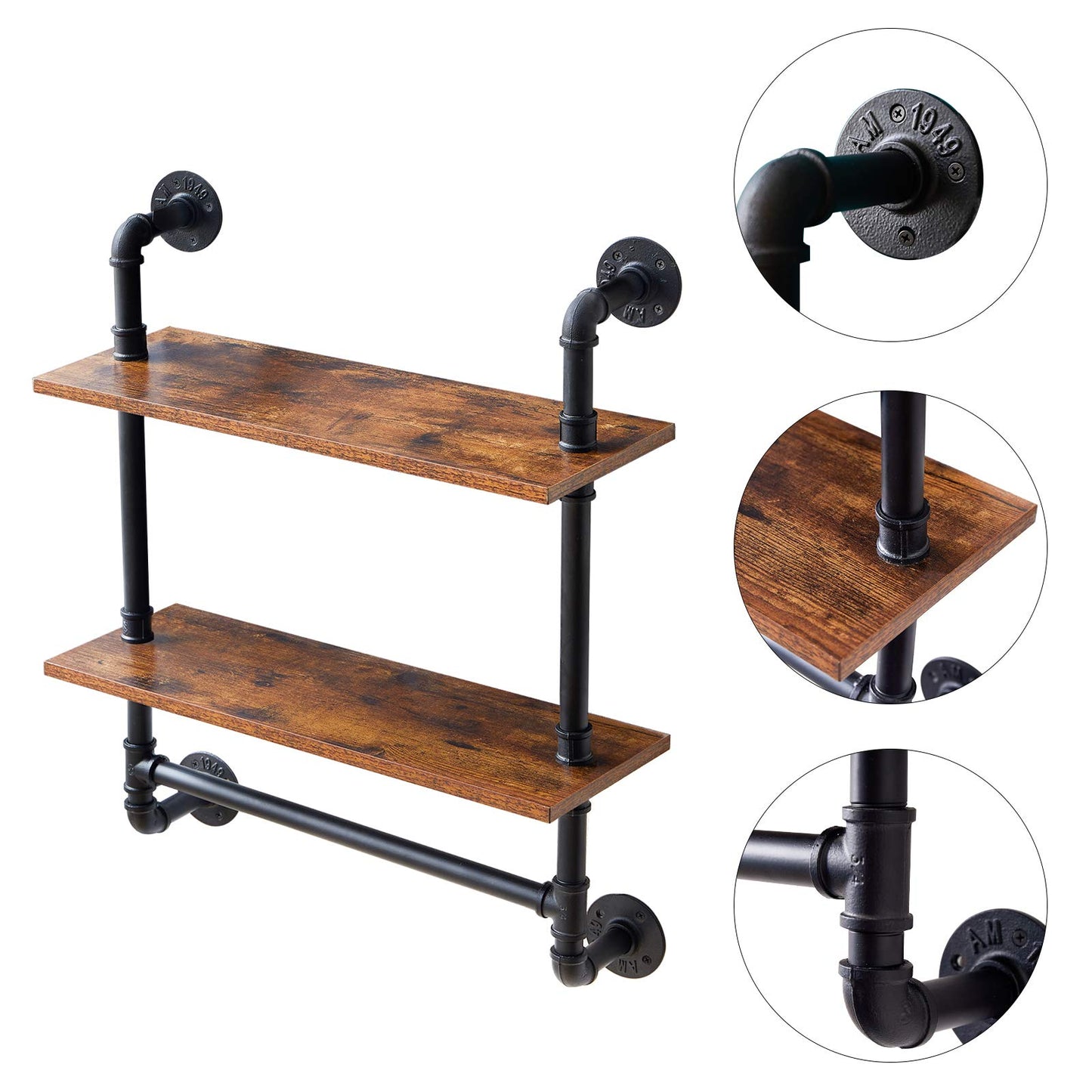 YMYNY Industrial Pipe Shelf Bracket, 2 Tiers Retro Wall Mounted Floating Shelf, Wood Look DIY Storage Shelving Bookshelf, UHRF-TM014