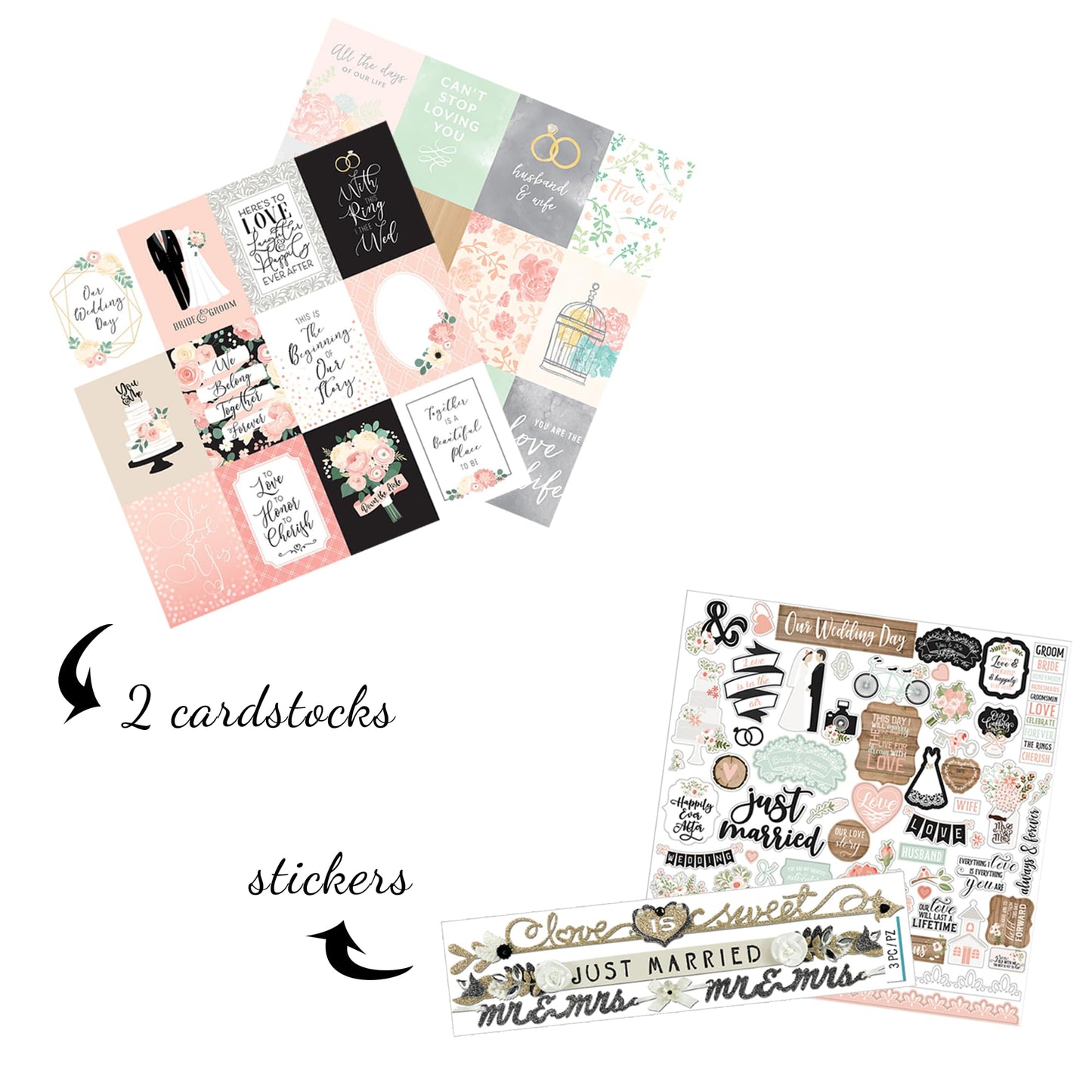 Trendzeen Wedding Scrapbook Stickers - Wedding Scrapbooking Paper and Stickers Kit for Anniversary Album, Letters, Guestbook - Aesthetic Marriage Scrapbook Supplies - 4 Items Set