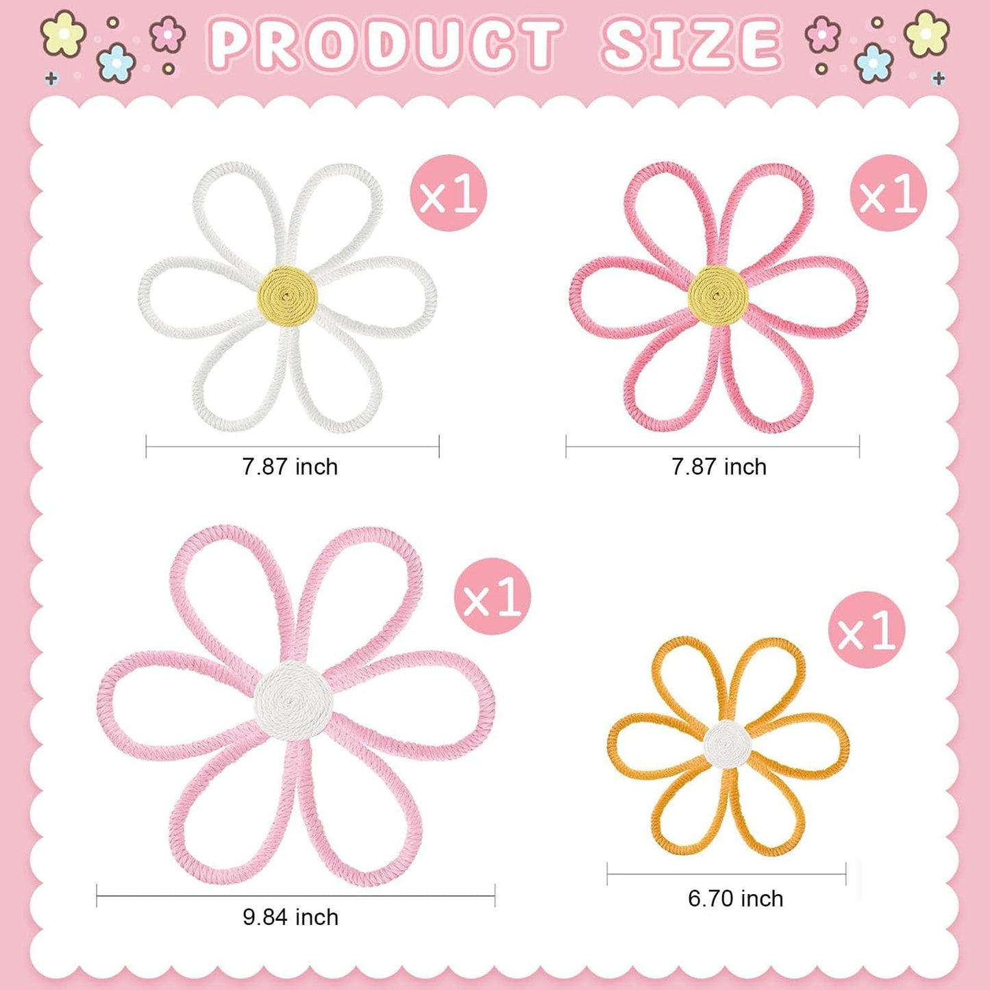 Ganeen Boho Nursery Woven Daisy Flowers Daisy Wall Decor Nursery Decor Macrame Wall Hanging Supply for Girl Bohemian Art Home Bedroom Room Flowers Set of 4(6 Petals)